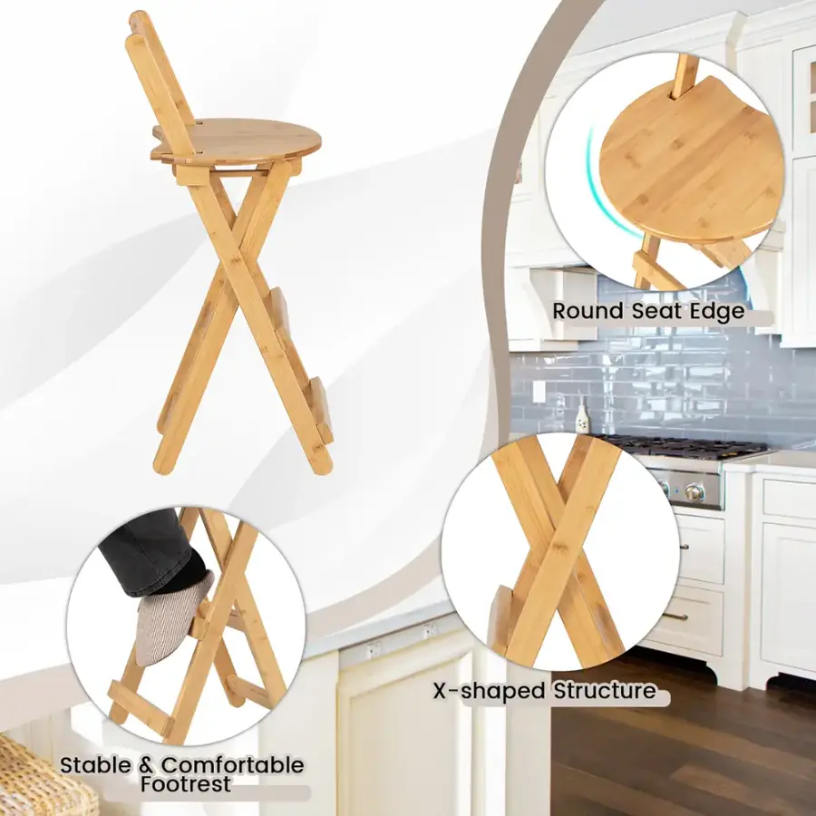 The text on the image is grouped as follows:

1. Round Seat Edge: This refers to the chair's seat edge, which is round in shape.
2. X-shaped Structure: This refers to the chair's structure, which is designed in an X shape.
3. Stable & Comfortable Footrest: This refers to the chair's footrest, which is designed to be stable and comfortable for the user.