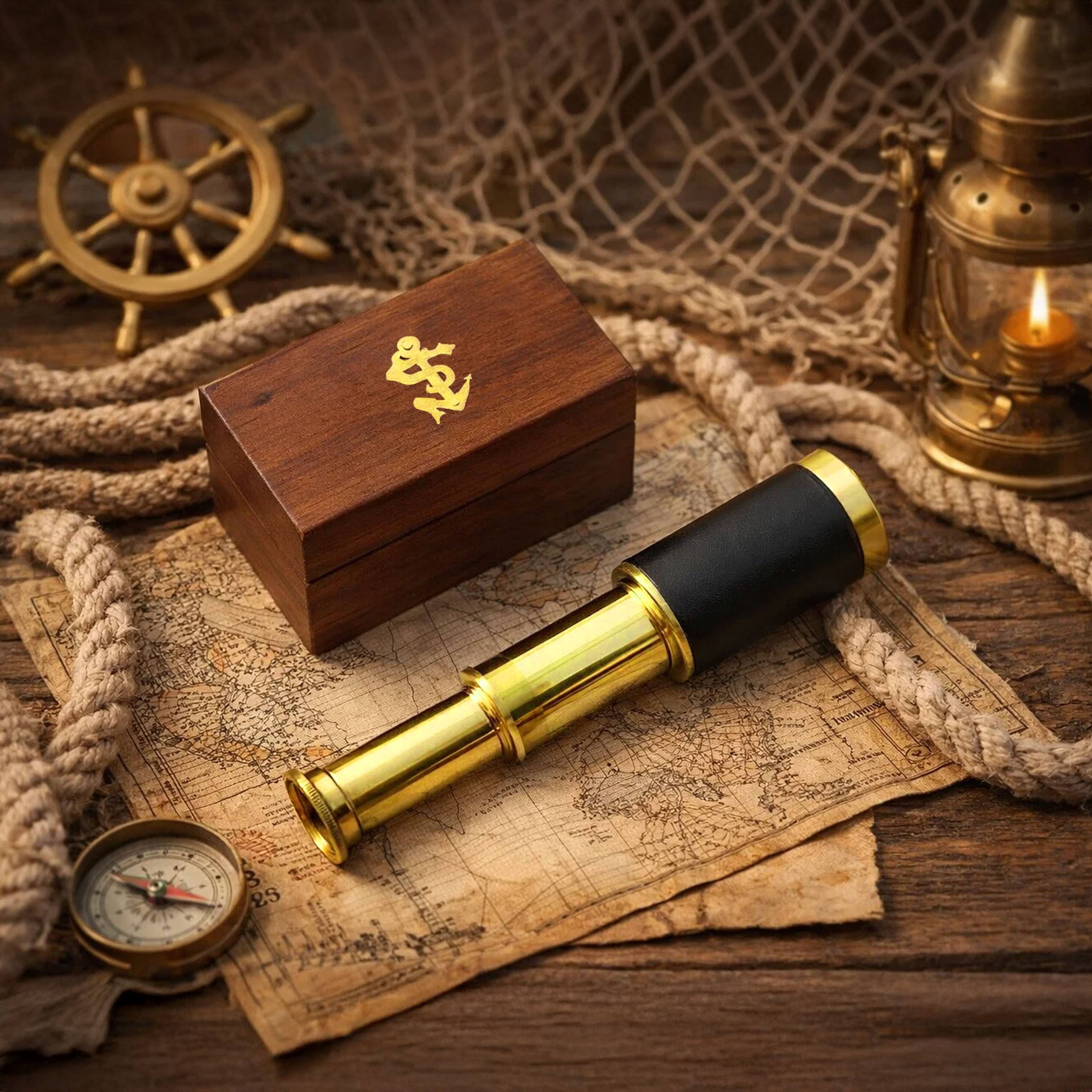 Alt View 6. Manhattan Lane - Small Brass Telescope with Pullout Wooden Box - Gold and Brown.