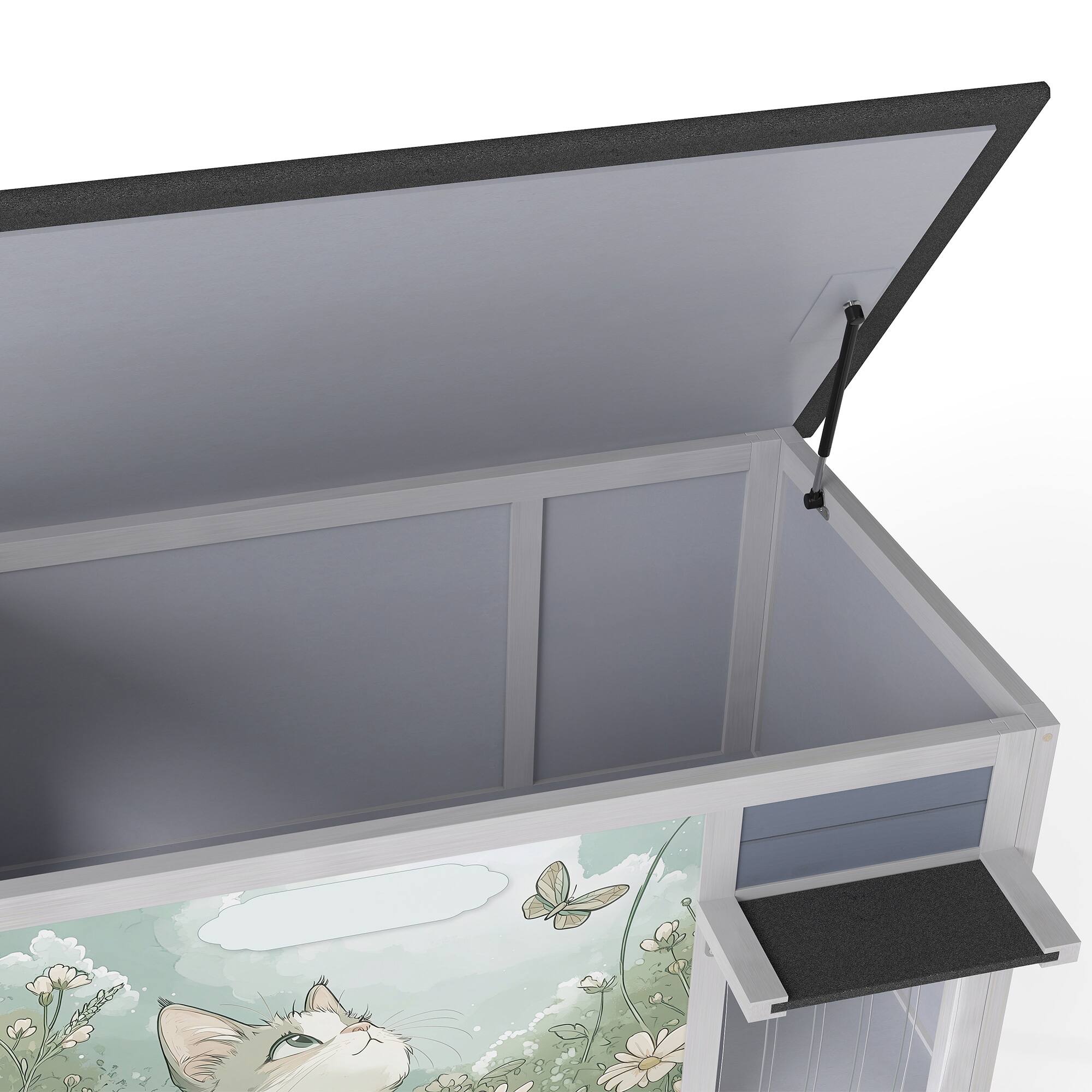 Back. Boyel Living - Gray Weatherproof Outdoor Cat House Elevated Feral Cat Shelter with High Legs Curtained Door Escape Door with Pine Wo - Gray.