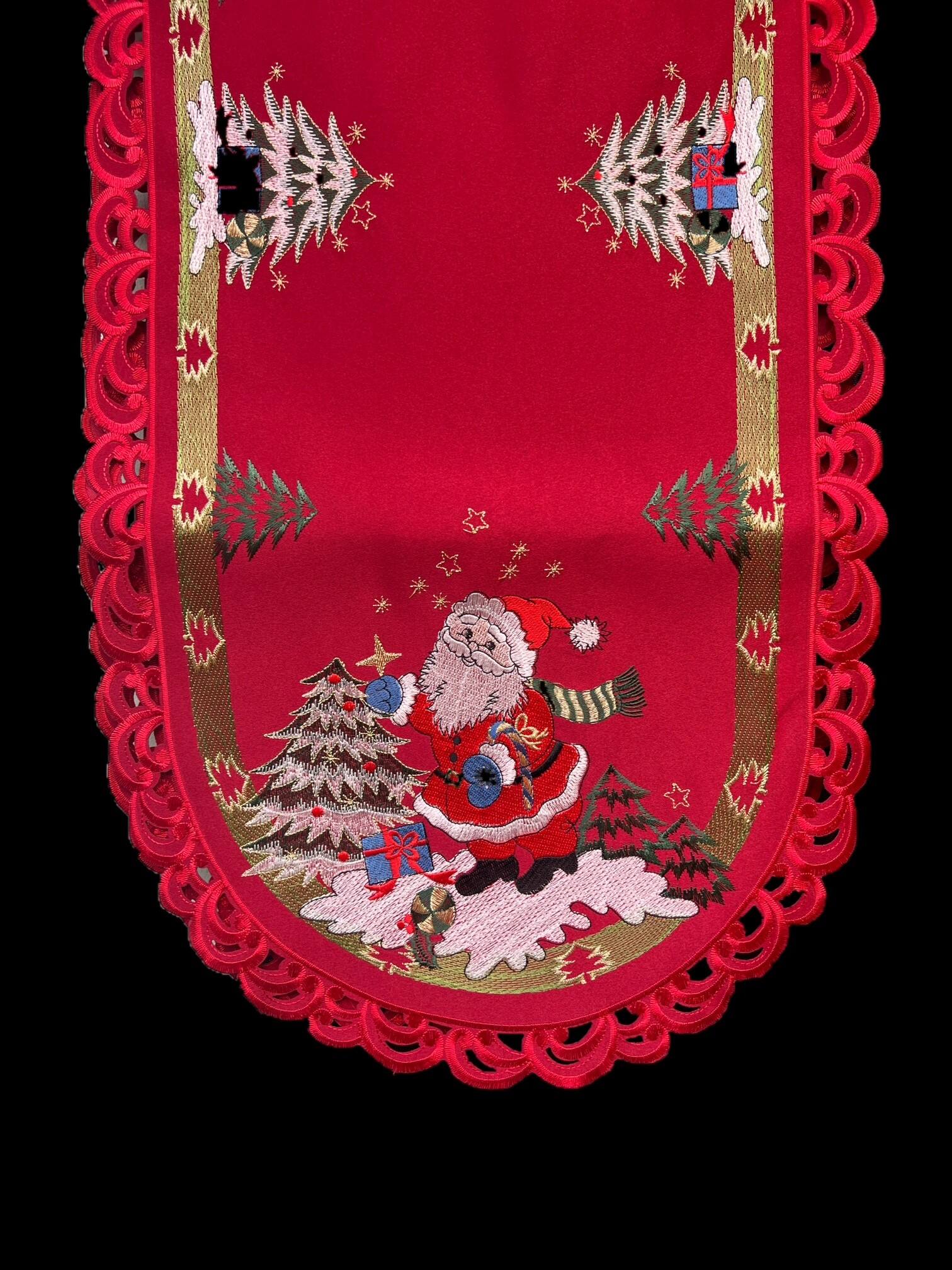 Angle. Jiallo - Santa Red Embroidered Cutwork Rectangular Table Runner, 15 by 43  inch Table Linen - Red.
