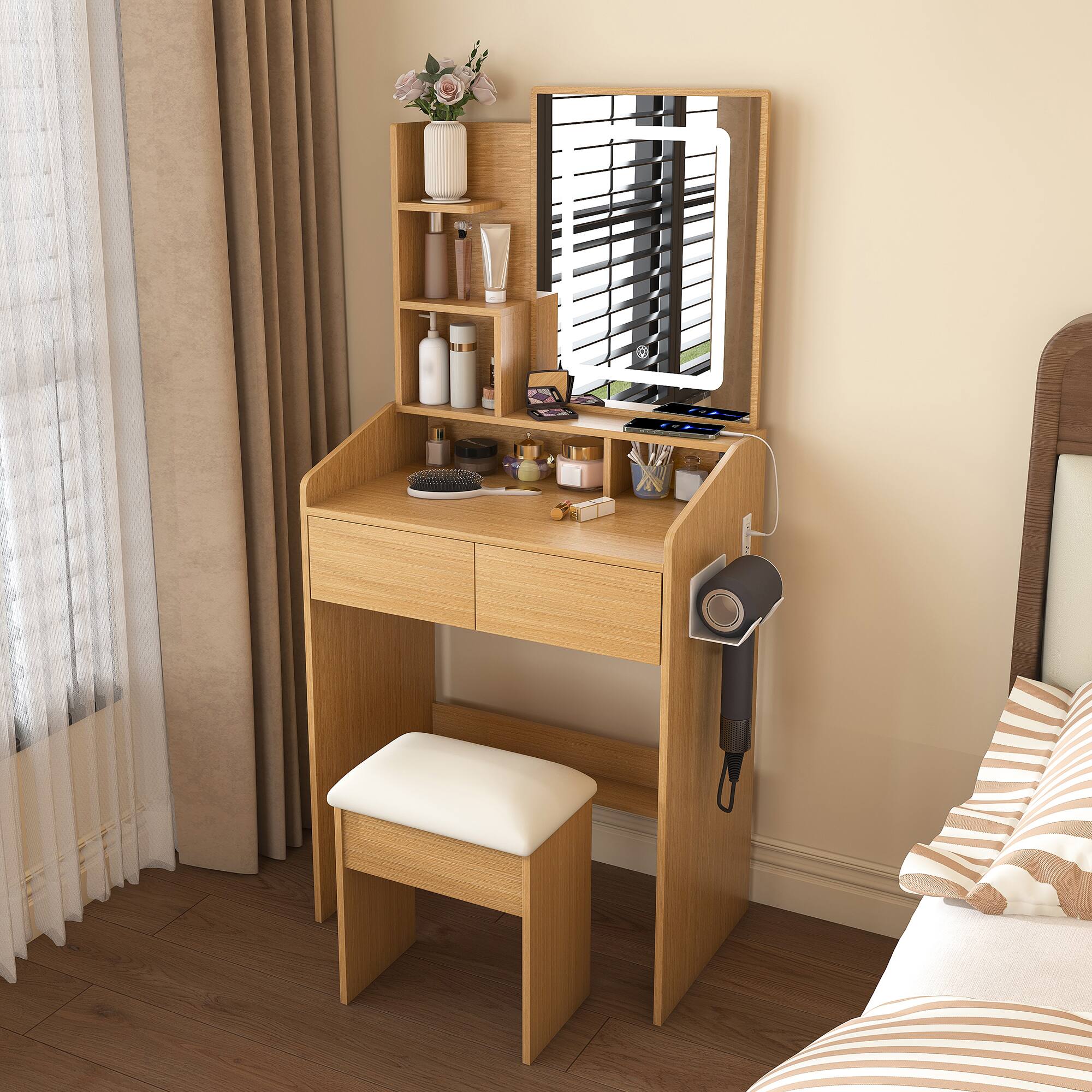 Front. Z-Edge - Makeup Vanity Desk with Mirror and Lights, Vanity Table Set with 2 Storage Drawer, Stool and 3 Shelves for Bedroom - Natural.