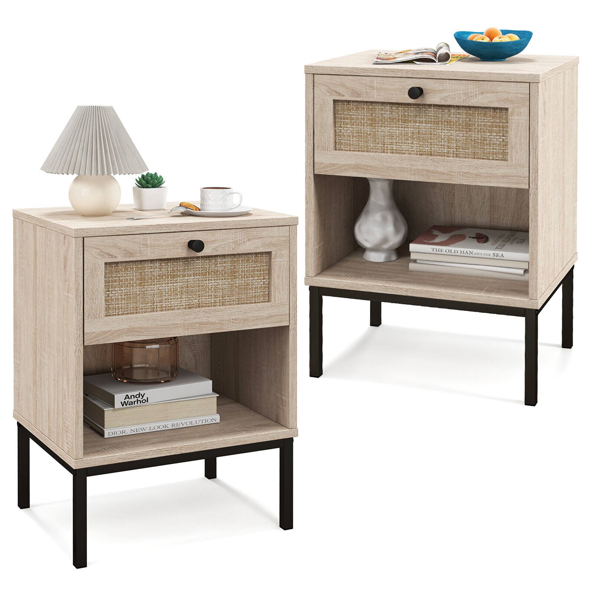 Costway - 2PCS Rattan Nightstand Boho End Table with Drawer & Open Shelf for Living Room - Oak