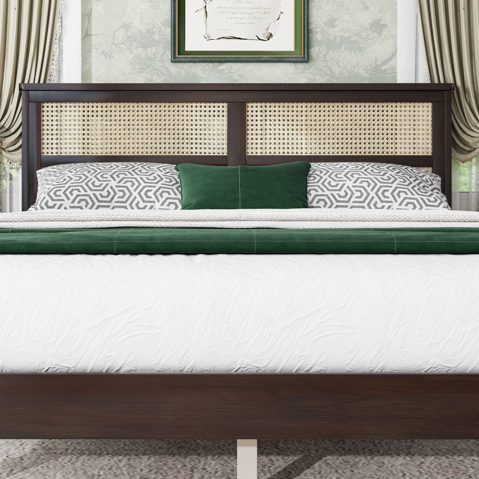 Alt View 4. GOODSILO - Queen Size Solid Wood Bed with Rattan Headboard and Enhanced Support Feet - Espresso.