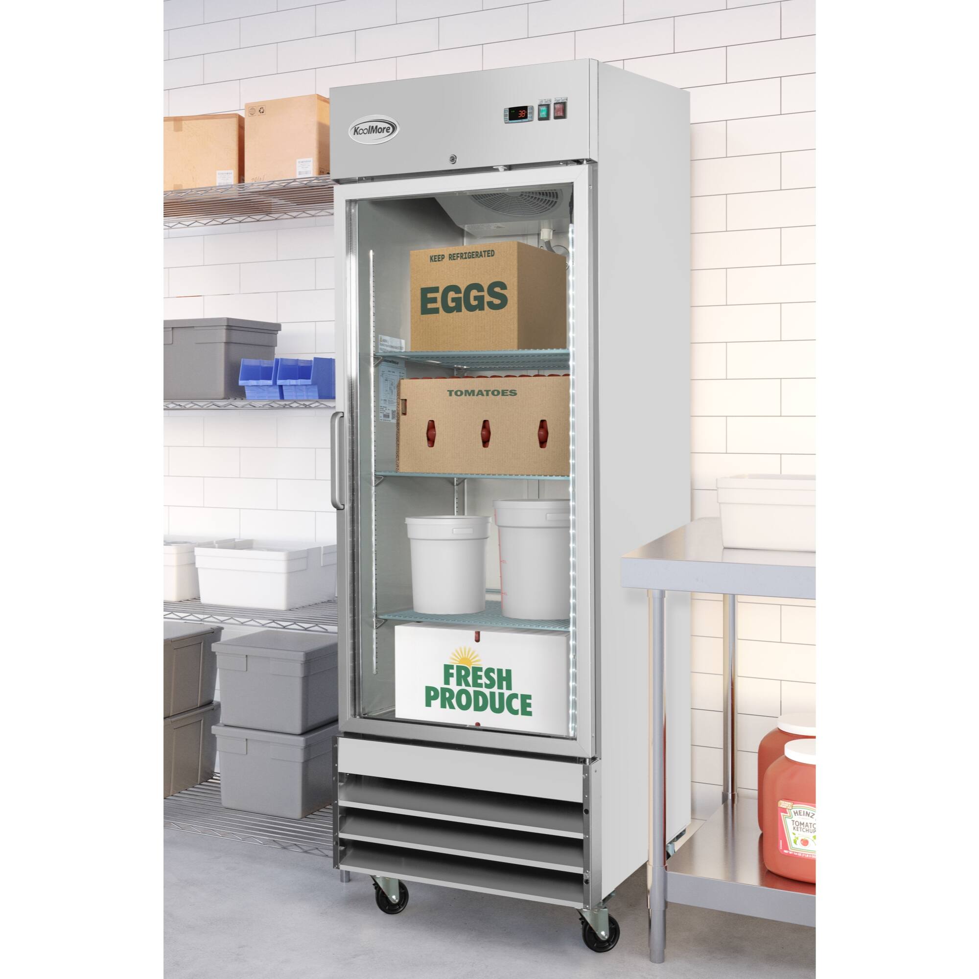 The text on the image reads: "KOLD-MORE KOLD REPRISERATED EGGS TOMATOES FRESH PRODUCE WUN TOWANL c MC."