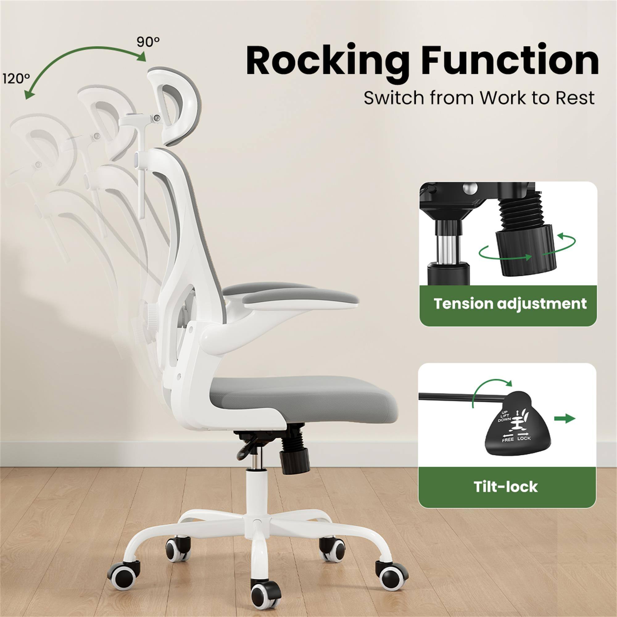 120  
90  
Rocking Function  
Switch from Work to Rest  
Tension adjustment  
LIFT DOWN  
FREE LOCK  
Tilt-lock