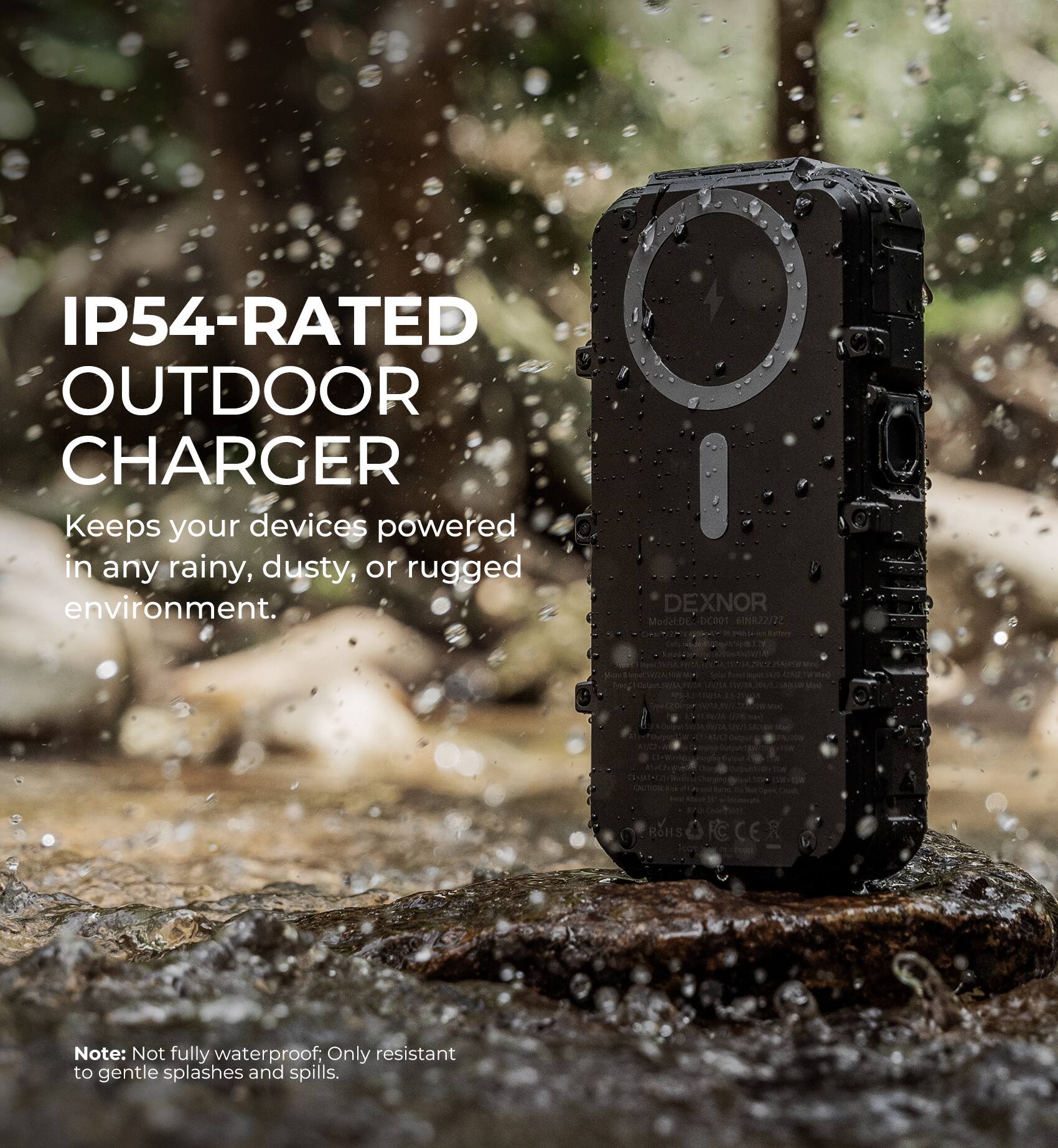 IP54-RATED OUTDOOR CHARGER  
Keeps your devices powered in any rainy, dusty, or rugged environment.  

DEXNOR  
Model: DC001  
IN822722  
RoHS  
FC  
CE  

Note: Not fully waterproof. Only resistant to gentle splashes and spills.