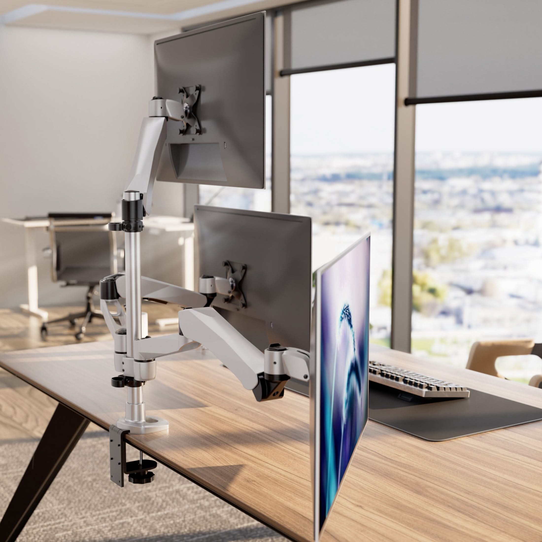 Angle. Mount-It! - CLiX Series Articulating Triple Pyramid Monitor Desk Mount – Full Motion Stand for Three Screens, Height Adjustable - Silver.