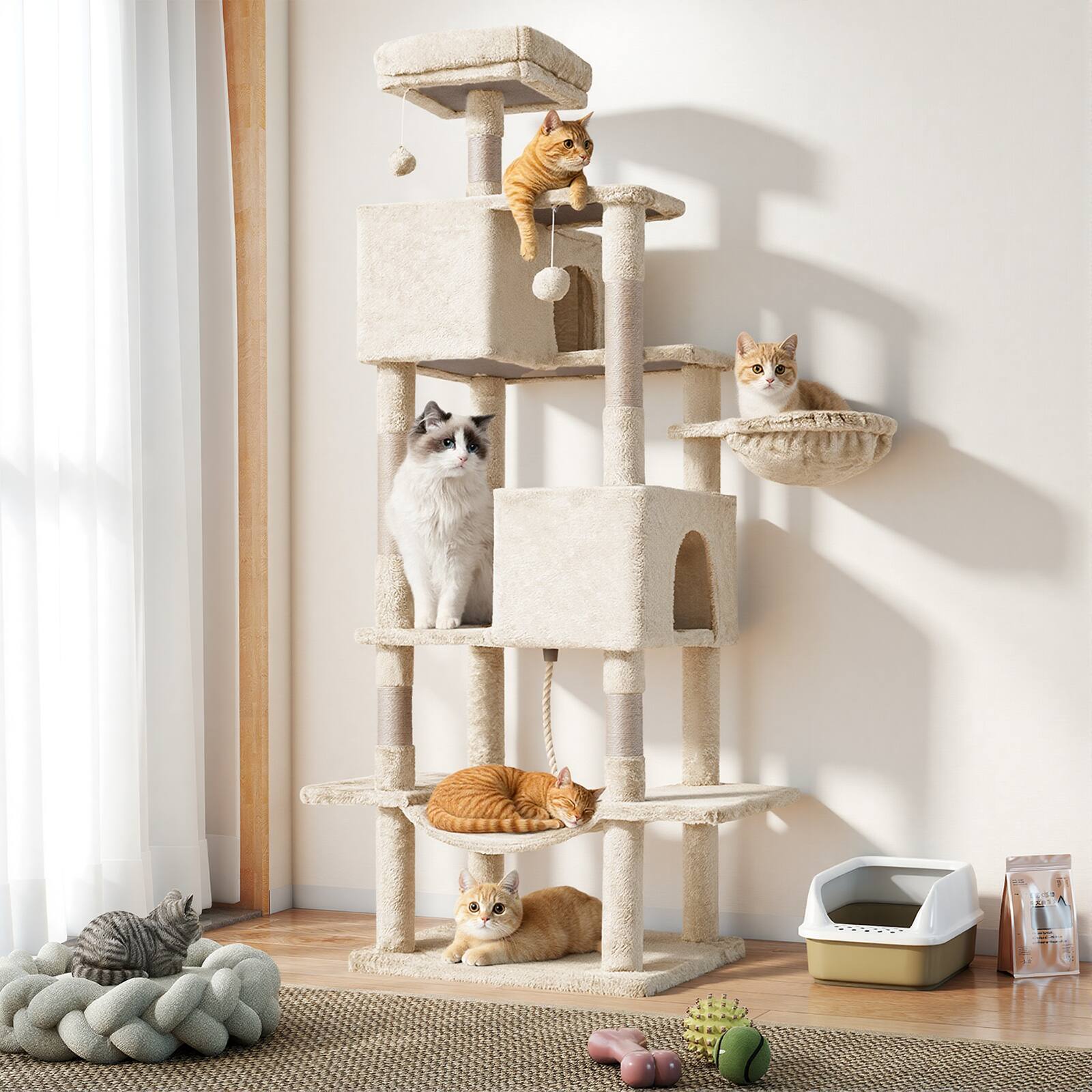 Front. Bestier - 66-in Cat Tree Tower, Large Multi-Cat Climbing, Extended Platform, Hammock, Pet House for Indoor Cats and Kittens Play - Beige.