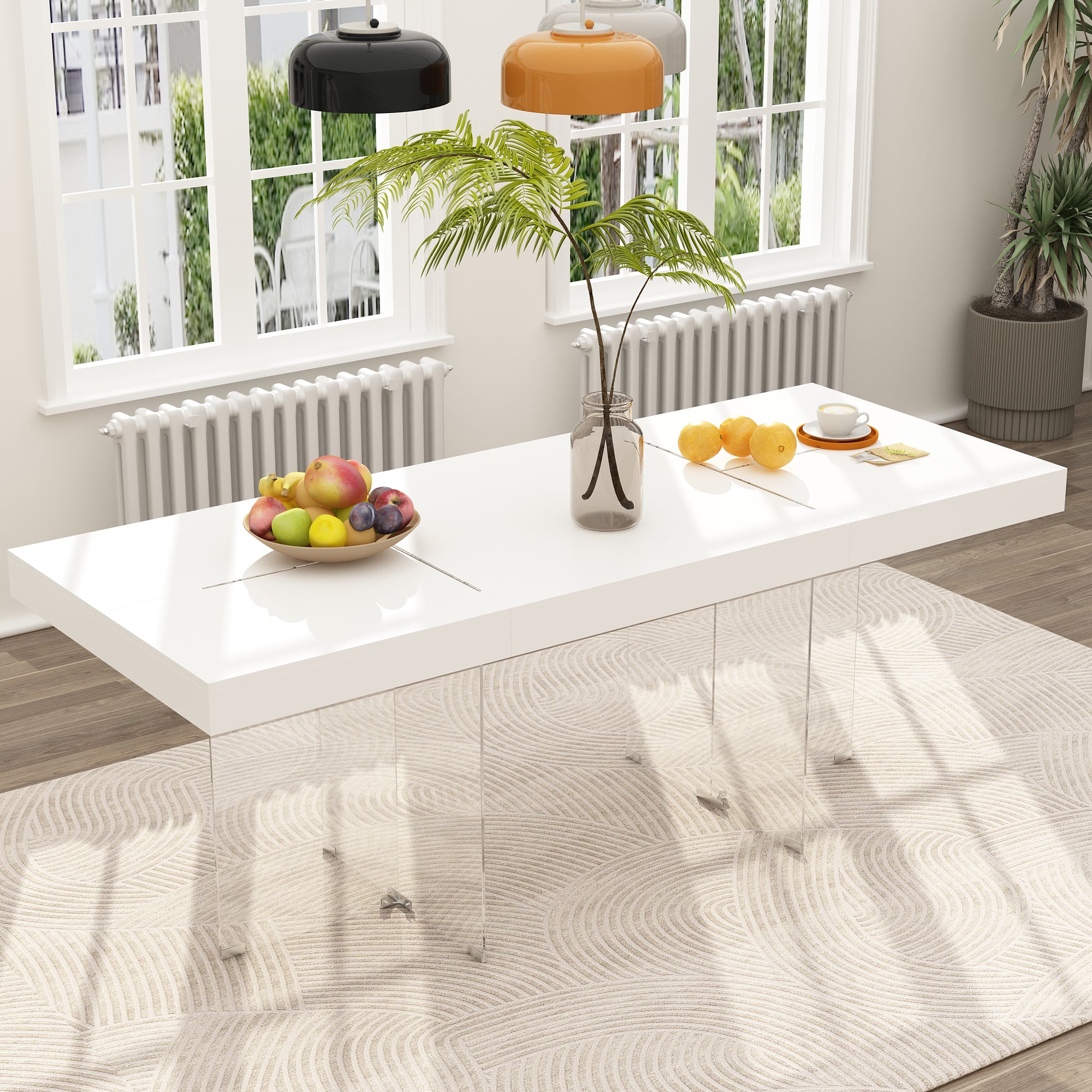 FUFU & GAGA - Modern Dining Table with Tempered Glass Legs, Minimalist Rectangular Table for Dining Room or Living Room - White