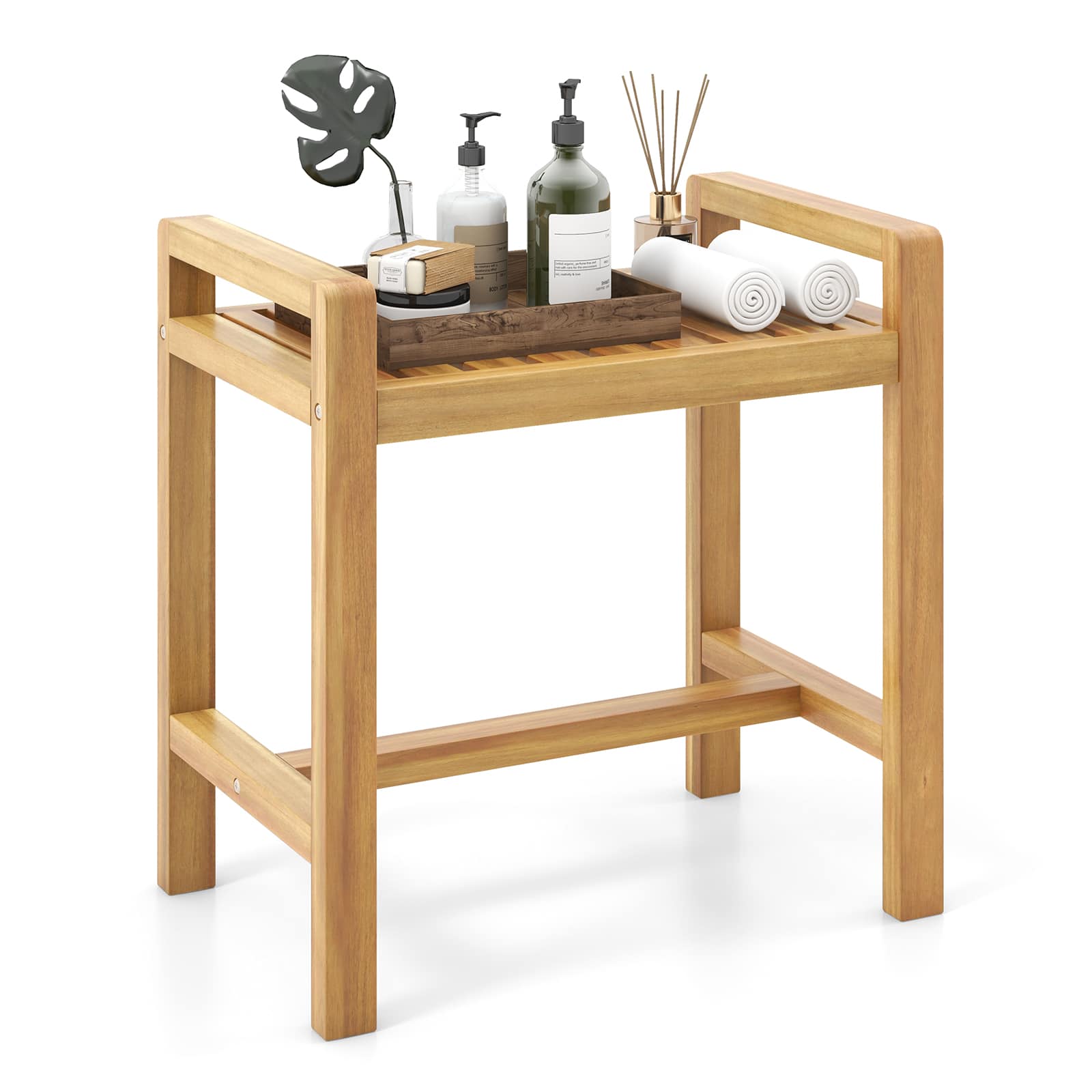 Gymax - Teak Wood Shower Bench Solid Wood Stool for Inside Shower Shaving Legs - Natural