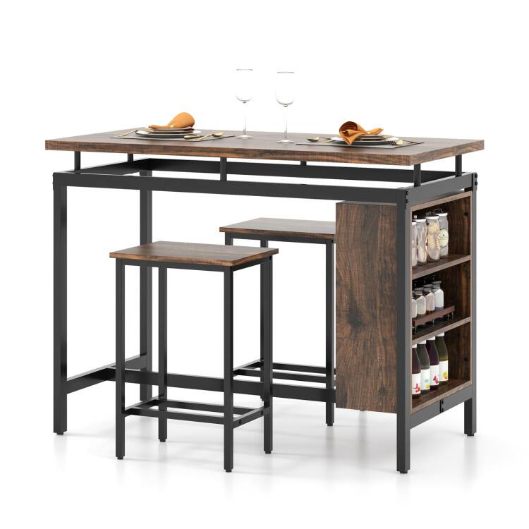 SlickBlue - 3-Piece Kitchen Dining Set with Storage Shelves and Sturdy Metal Frame - Brown, Black