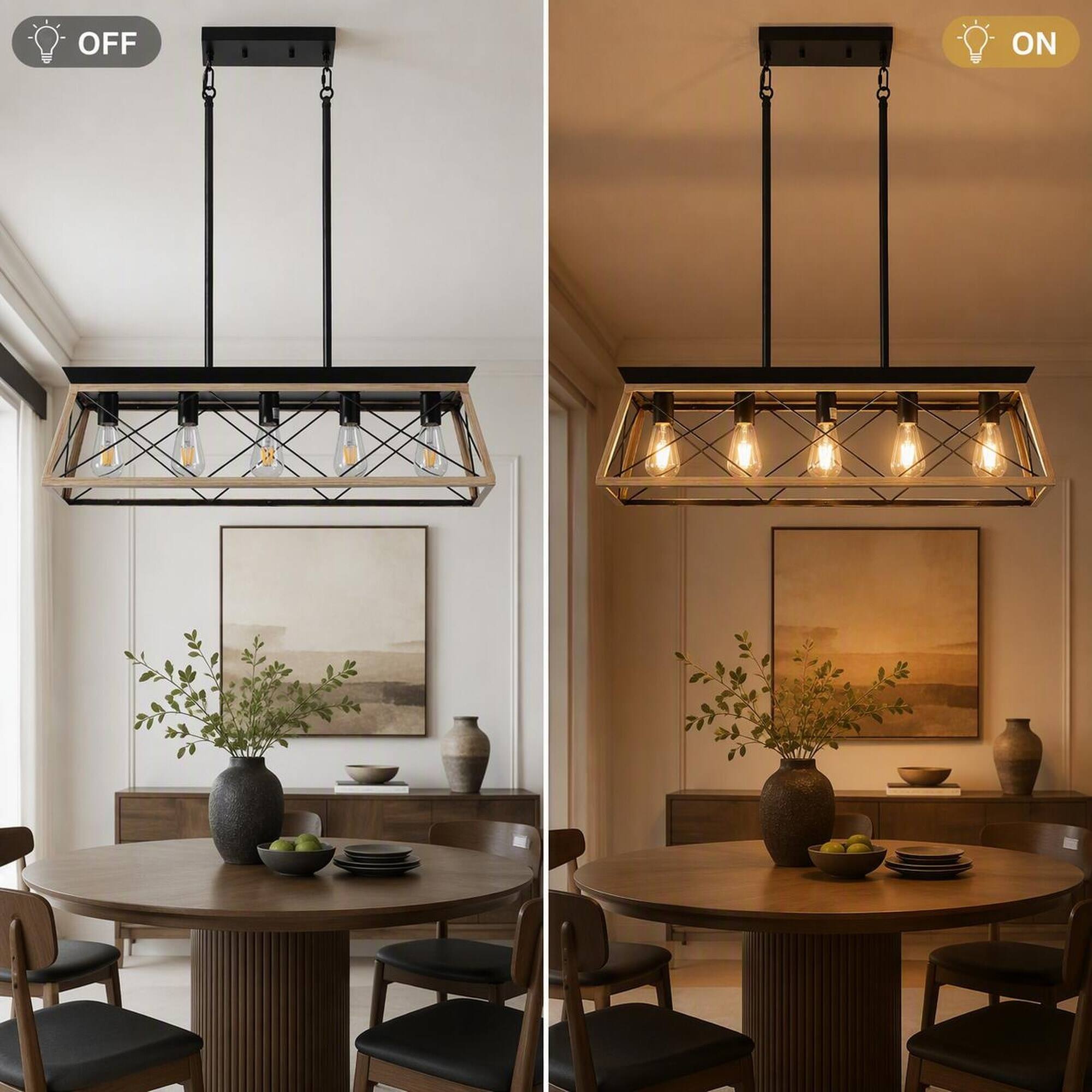 Alt View 2. RYHNUYNE - 32-Inch Oak Finish Industrial 5-Light Pendant Chandelier, Modern Cage Metal Shade, Adjustable Height for Dining Room.