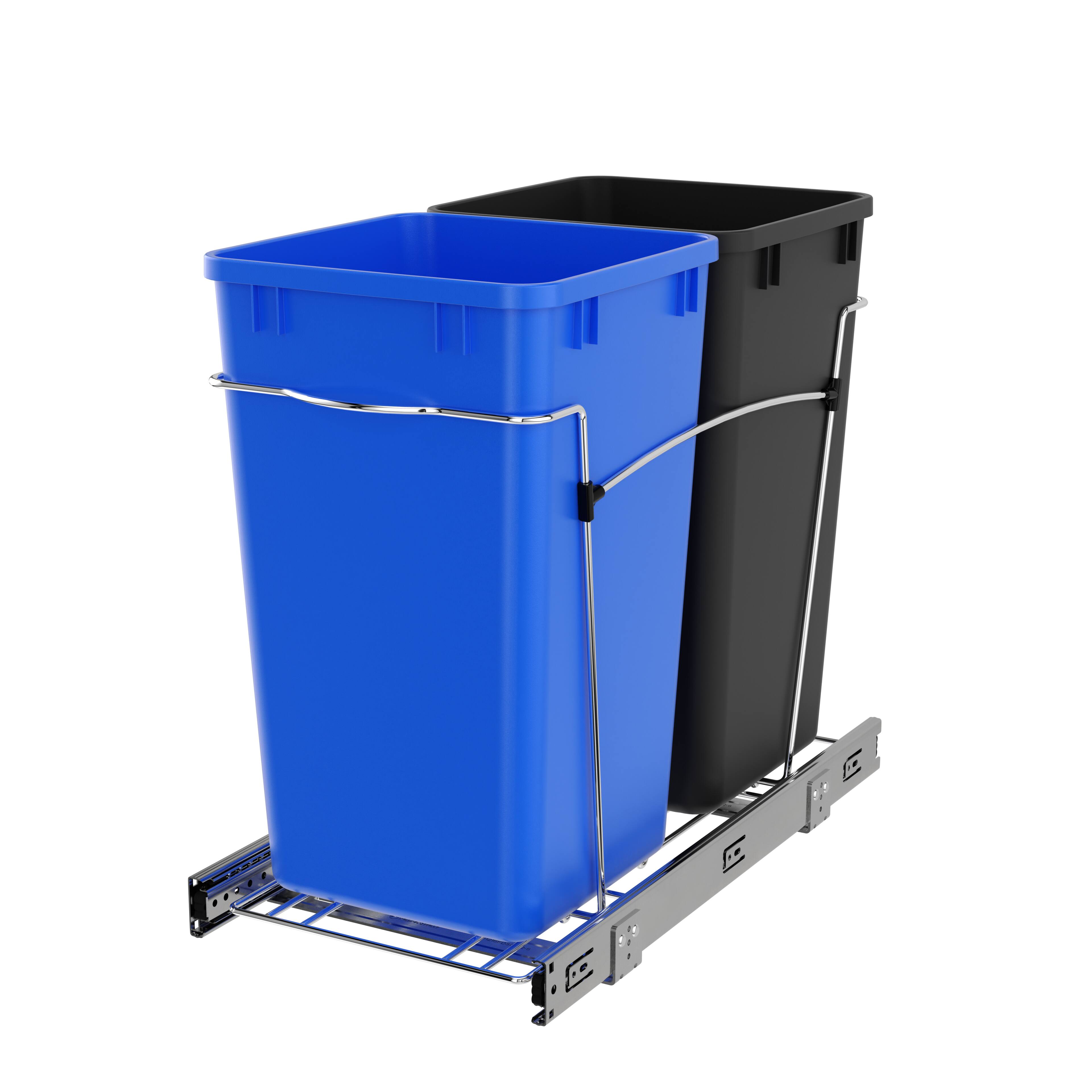 Front. Rev-A-Shelf - Rev-A-Shelf Double Pullout Trash Can 27 qt. for Kitchen, RV-15KD-2218C-S - Blue/Black.
