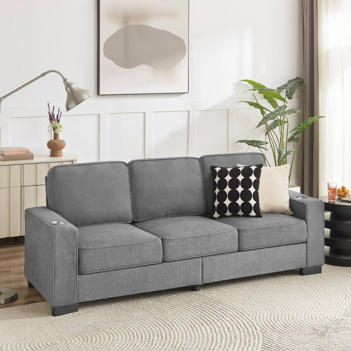 Front. Ropilly - Ropilly Gray 3 Seater Fabric Sofa Compressed Couch with Built In Cup Holders for Living Room Bedroom Office - Gray.