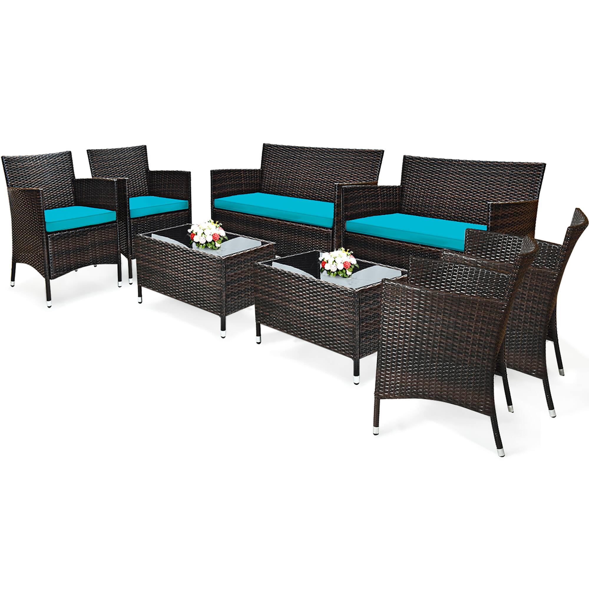 Alt View 1. Gymax - Gymax 8PCS Patio Rattan Conversation Furniture Set Outdoor w/ Turquoise Cushion - Turquoise.