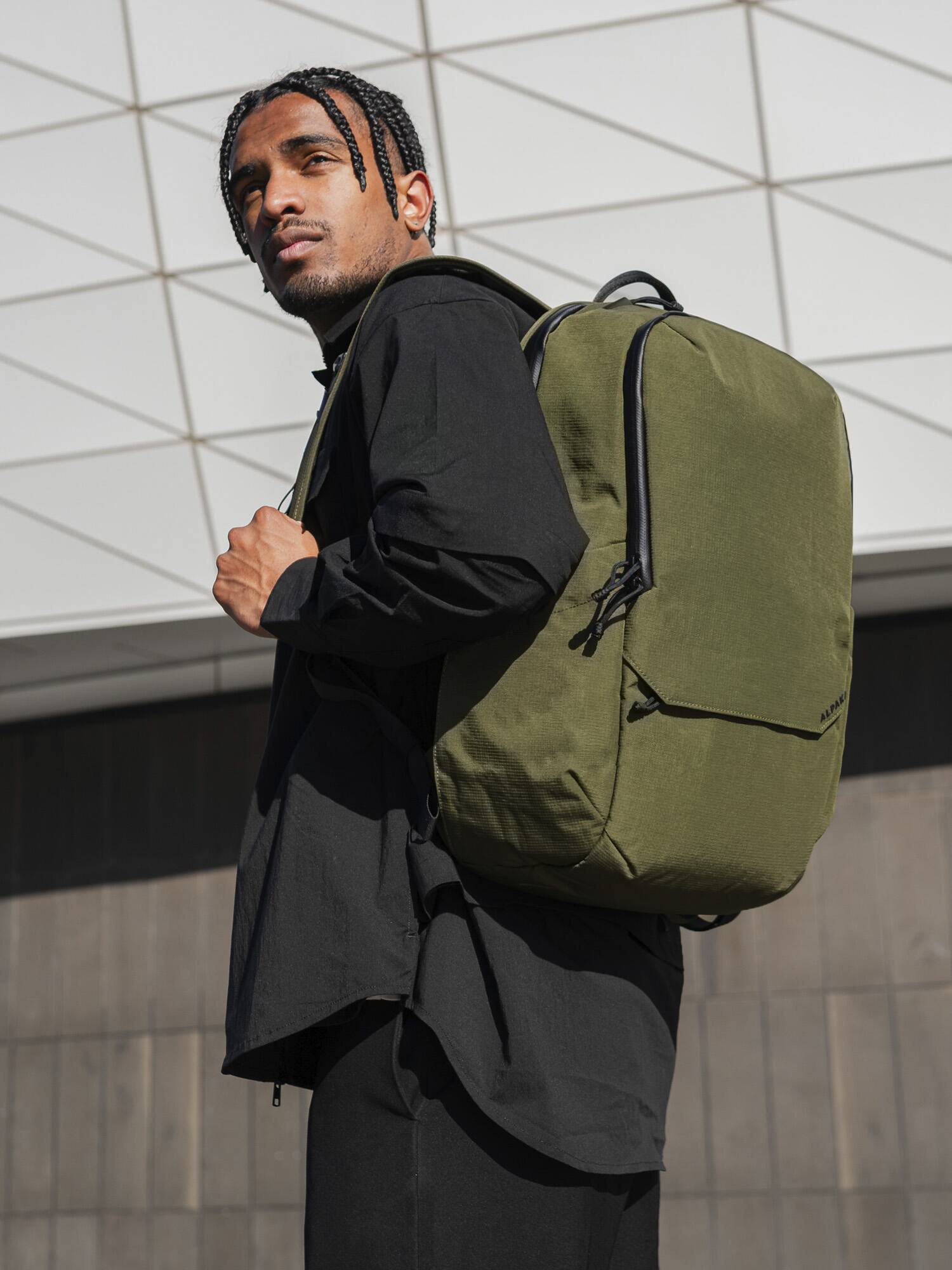 Angle. ALPAKA - Elements Backpack Pro Laptop Backpack Fits 16'' Laptop with Dual Bottle Pockets, Travel Backpack for Men - Green Axoflux 400D Ripstop Nylon.