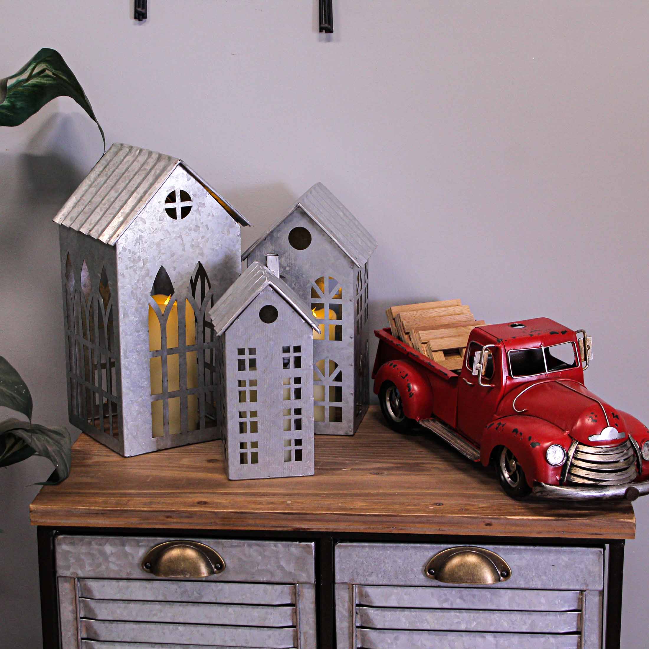 Alt View 3. Zeckos - Set of 3 Country Farmhouse Galvanized Metal House Shaped Candle Holders - Silver.