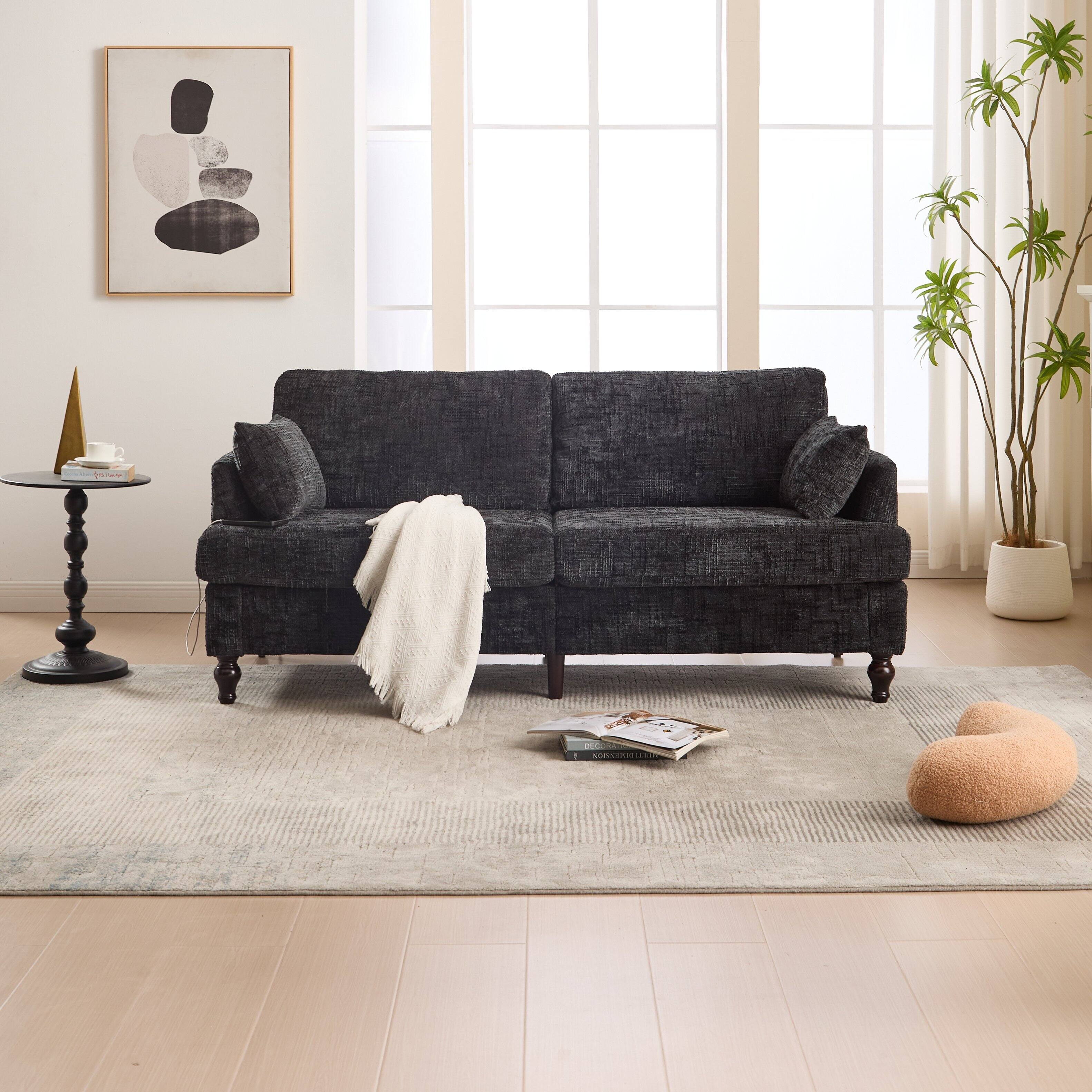Alt View 9. Ecooso - Modern Chenille 2-Seater Sofa with Wood Legs, LED Light, USB Charging Port & Storage Bag for Living Room & Bedroom - Black.