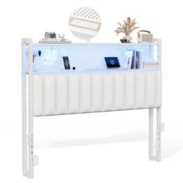 Winado - Full Size Adjustable Upholstered Headboard Only with 2 Tier Shelves and Pegboard with Charging Stations and LED Lights - White