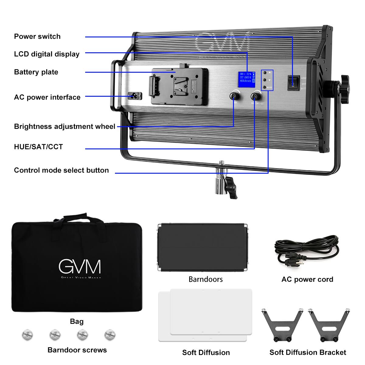 Power switch  
LCD digital display  
Battery plate  
AC power interface  
Brightness adjustment wheel  
HUE/SAT/CCT  
Control mode select button  
GVM  
Barndoors  
AC power cord  
Bag  
Barndoor screws  
Soft Diffusion  
Soft Diffusion Bracket