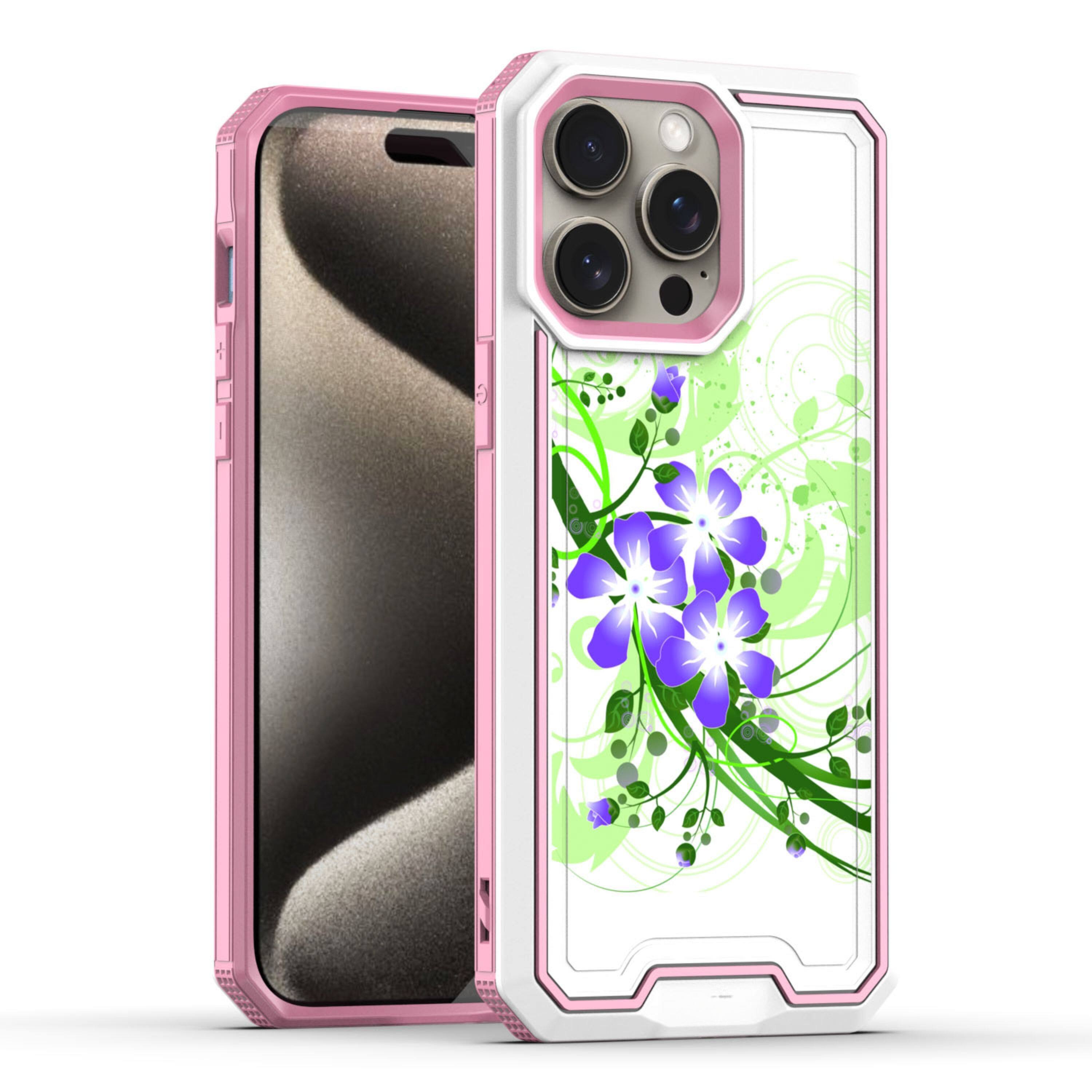 Angle. Kitcheniva - Printed Fused Hybrid Case With 2 Pcs Tempered Glass For iPhone 15 Pro Green Floral - Multicolor.