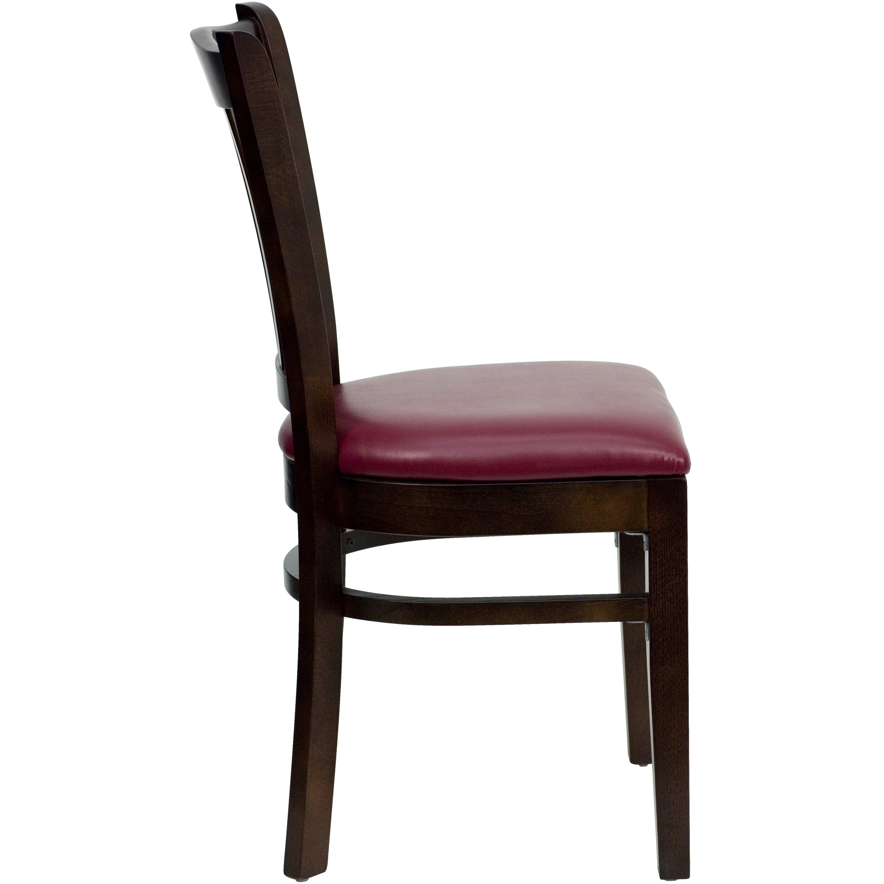 Alt View 4. Emma + Oliver - Vertical Slat Back Wooden Restaurant Dining Chair - Burgundy Vinyl Seat/Walnut Wood Frame.