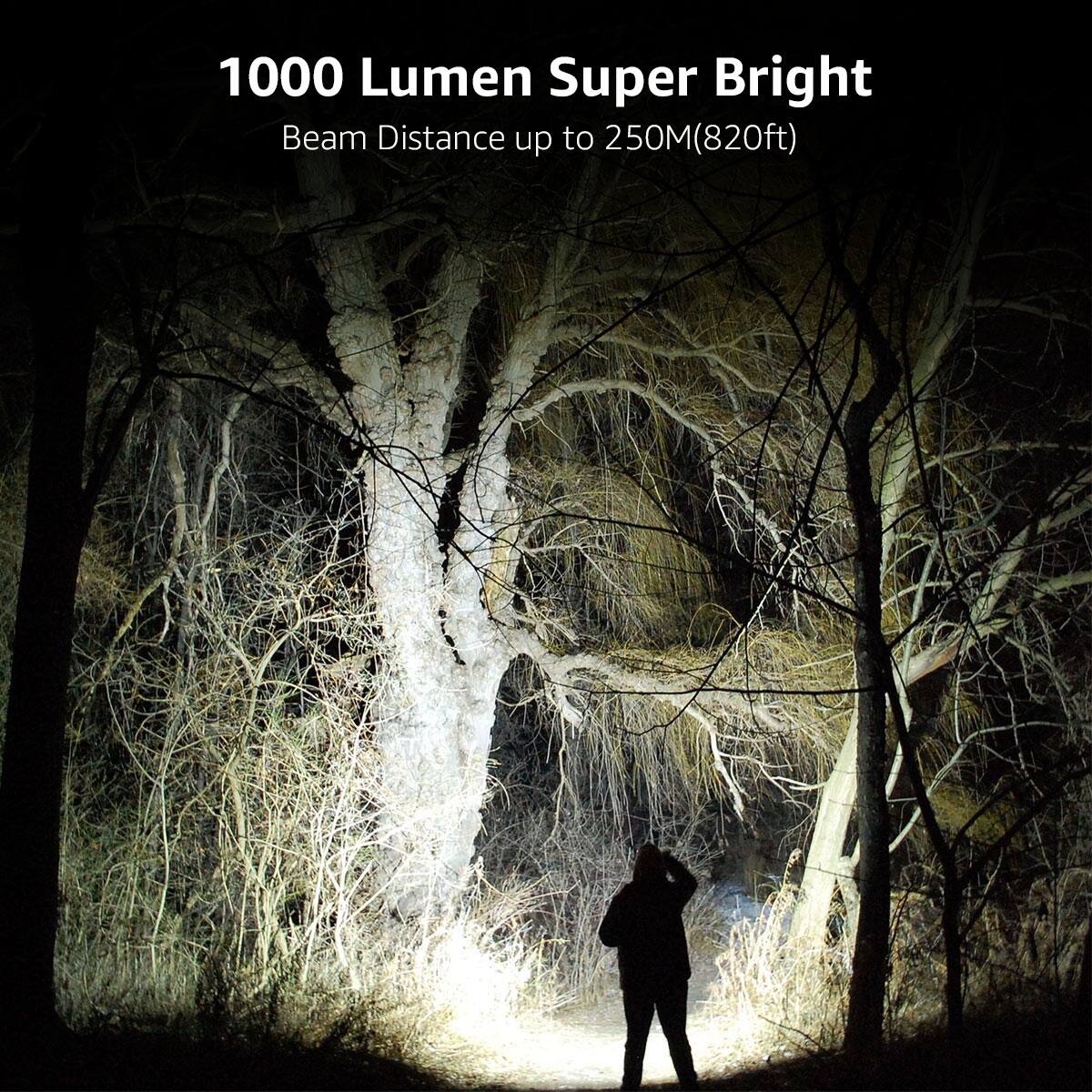 1000 Lumen Super Bright  
Beam Distance up to 250M (820ft)