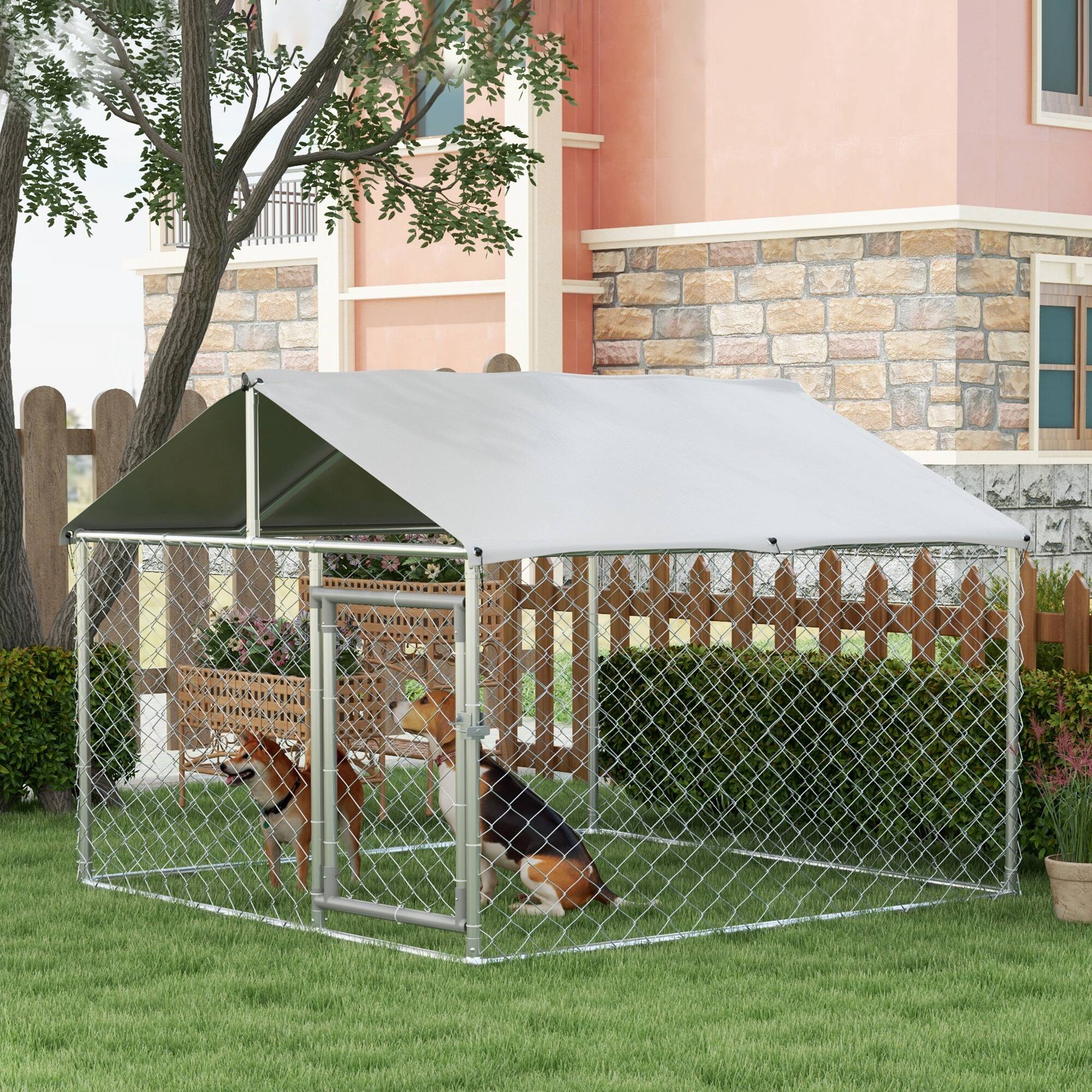 Angle. Pawhut - Large Dog Kennel Outside, Heavy Duty Cage, Waterproof, Fence Run, Galvanized Chain Link, Secure Lock, 6.6'x6.6'x4.9'.