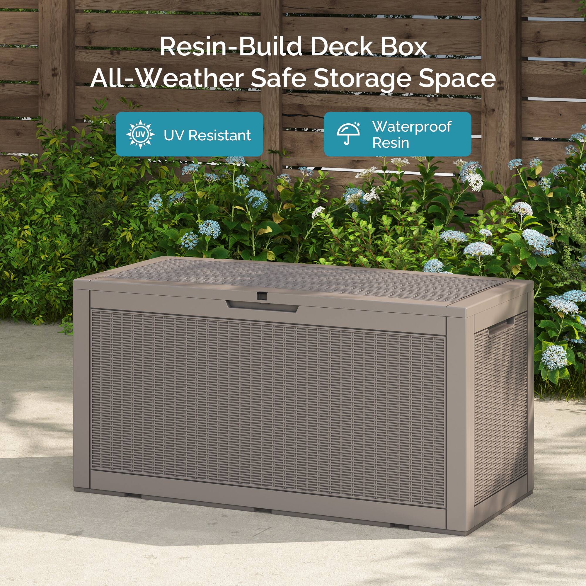 Resin-Build Deck Box All-Weather Safe Storage Space  
UV Resistant  
Waterproof Resin