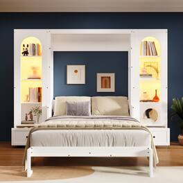 Anysun - Queen Size French Space‑Saving Foldable Style Murphy Platform Bed with Shelf, Side Cabinets, Drawers and LED - White