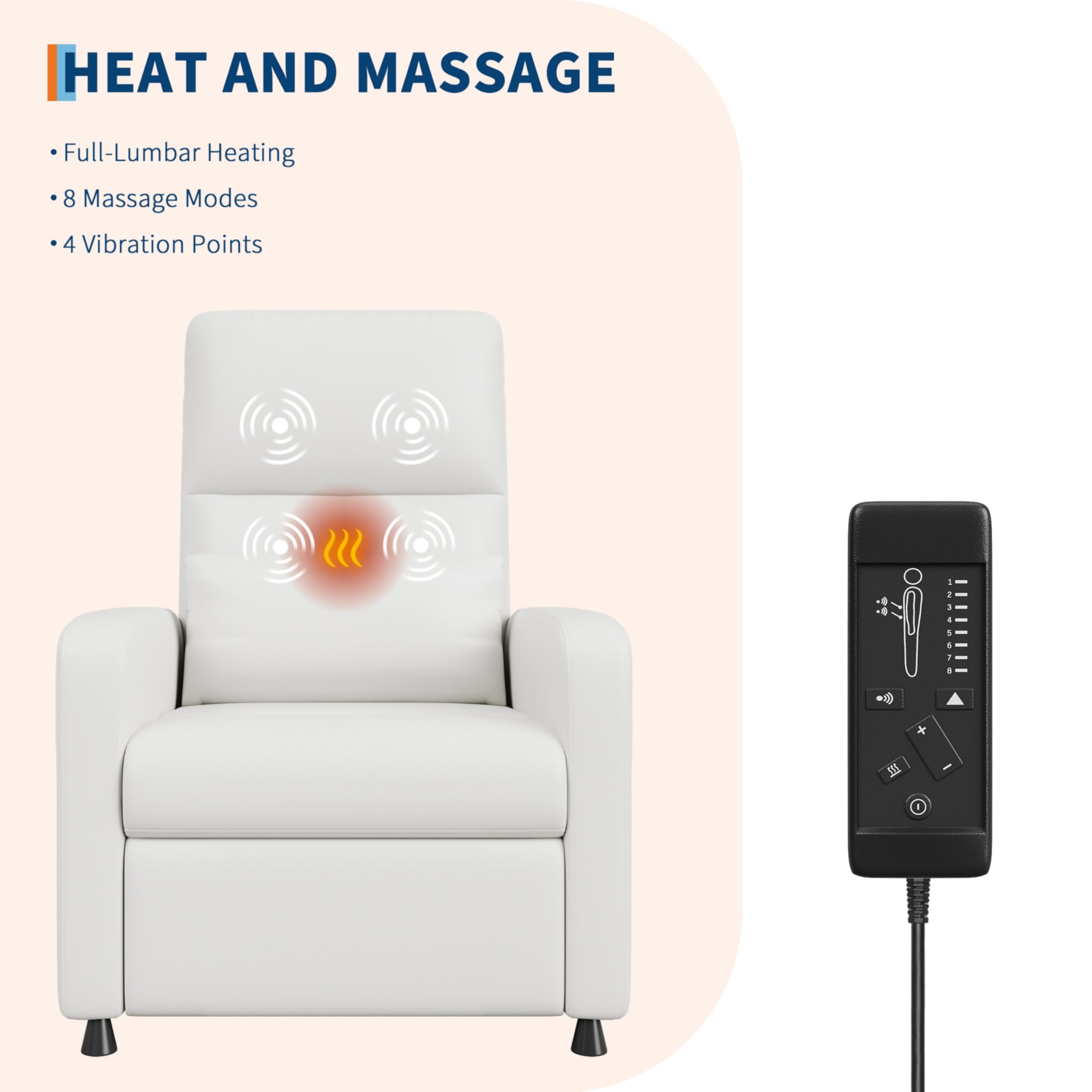 HEAT AND MASSAGE

- Full-Lumbar Heating
- 8 Massage Modes
- 4 Vibration Points