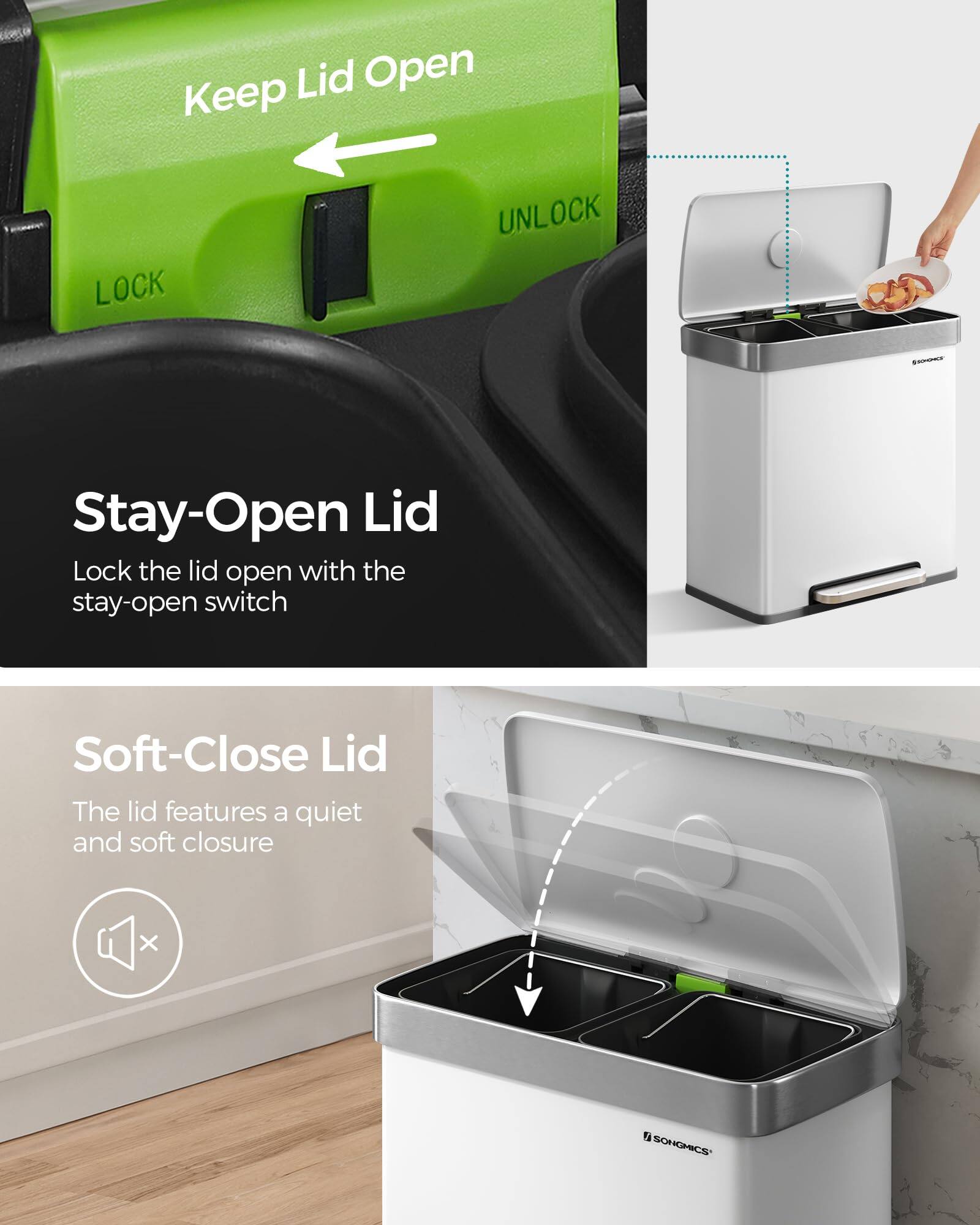 Sure, here is the corrected and grouped text from the image:

---

**Keep Lid Open**

- LOCK
- UNLOCK

**Stay-Open Lid**

Lock the lid open with the stay-open switch

**Soft-Close Lid**

The lid features a quiet and soft closure

---

**SONGMICS**