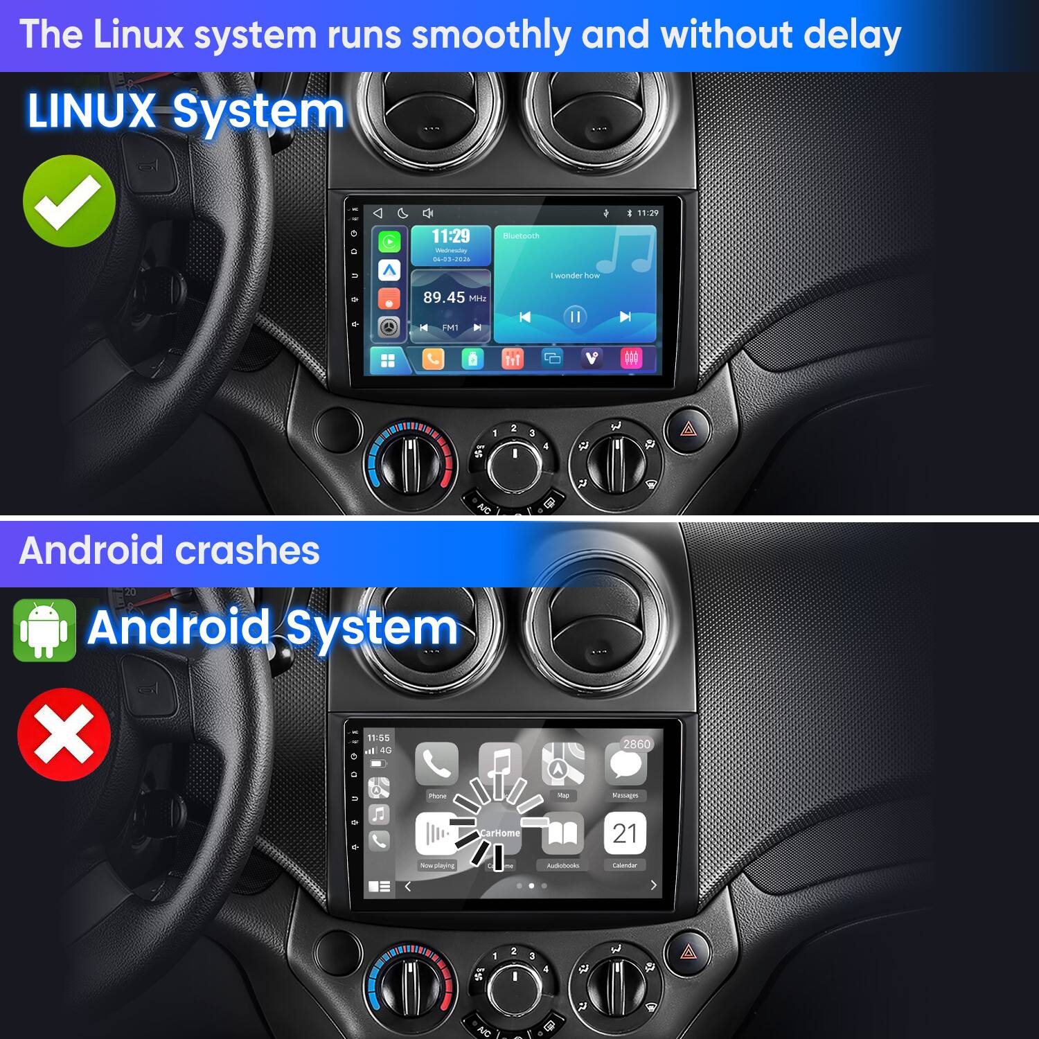 The Linux system runs smoothly and without delay  
LINUX System

Android crashes  
Android System