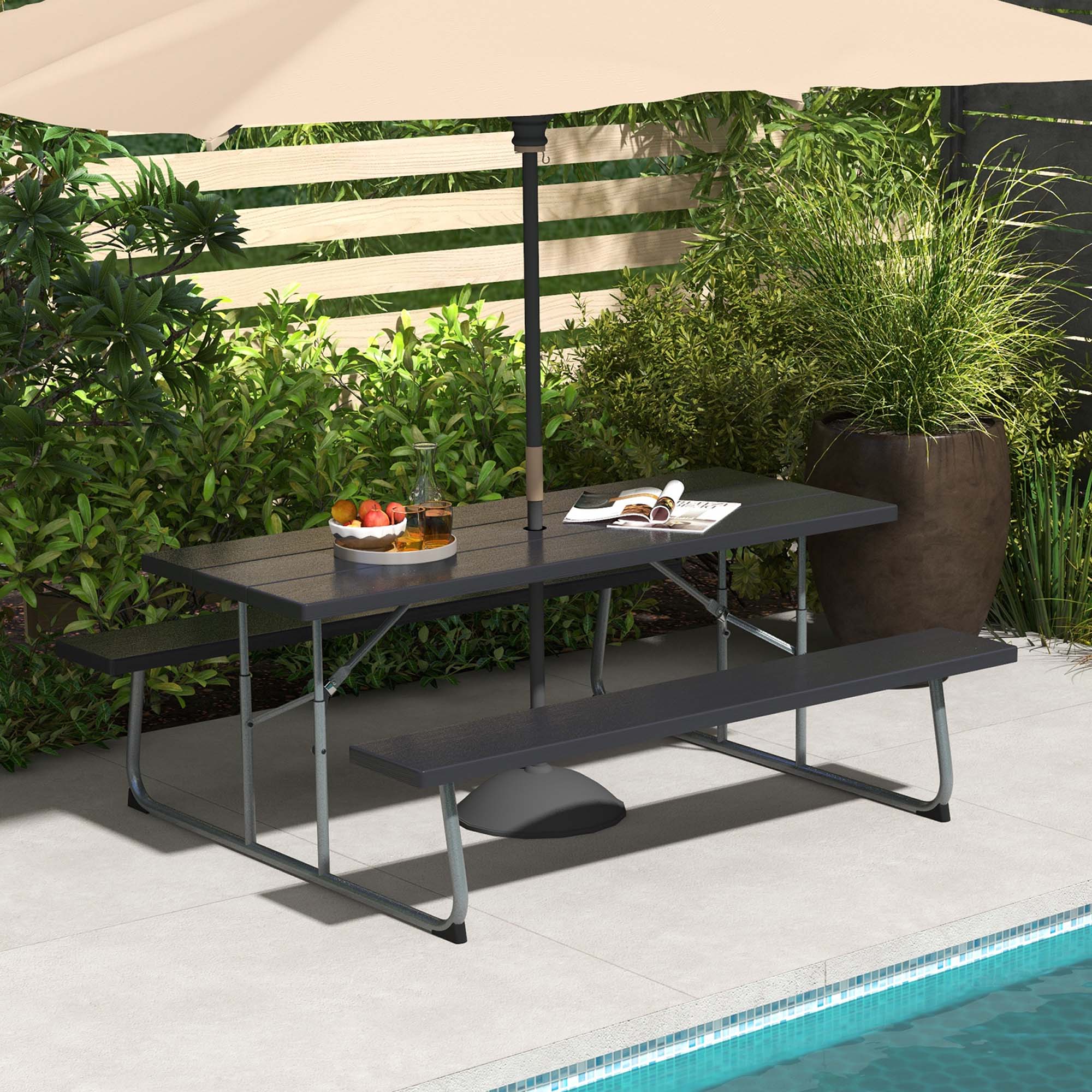 Alt View 1. Costway - Costway Folding Picnic Table with Wood-like Tabletop, Umbrella Hole, 2 Benches for 8 Person - Black.