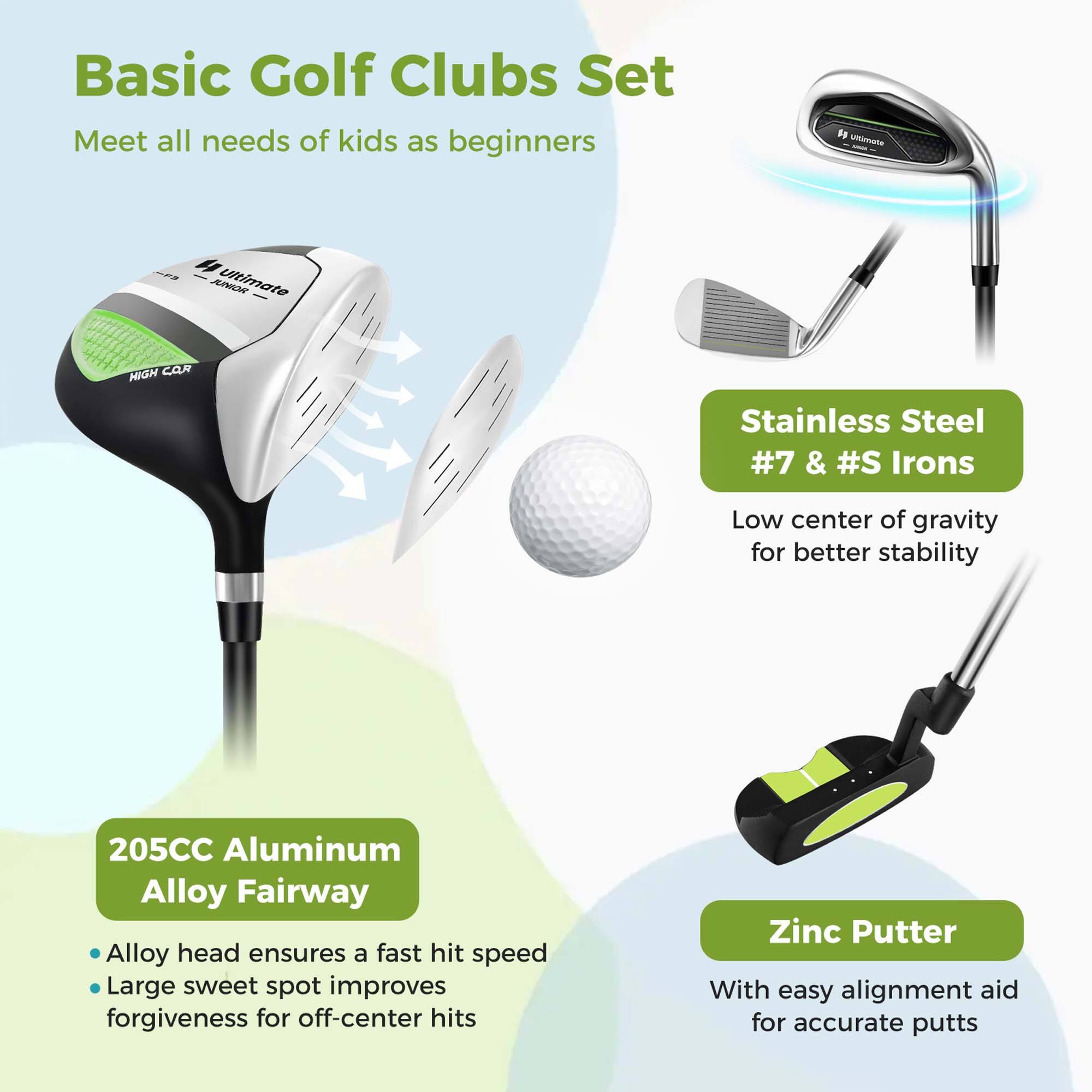 Basic Golf Clubs Set  
Meet all needs of kids as beginners  

205CC Aluminum Alloy Fairway  
- Alloy head ensures a fast hit speed  
- Large sweet spot improves forgiveness for off-center hits  

Stainless Steel #7 & #S Irons  
- Low center of gravity for better stability  

Zinc Putter  
- With easy alignment aid for accurate putts