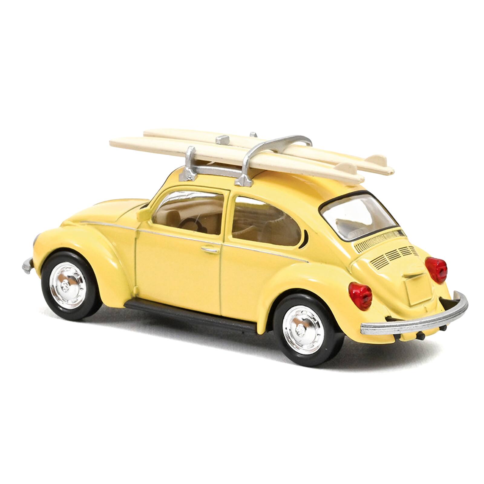 Alt View 1. Norev - 1973 Volkswagen Beetle 1303 Pastel Yellow with Roof Rack and 2 Surfboards 1/43 Diecast Model Car by Norev.