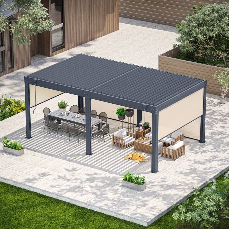 Angle. U-HOMY - 12x20 ft Outdoor Aluminum Pergola with Adjustable Rainproof Roof & Privacy Screens - Dark Grey.