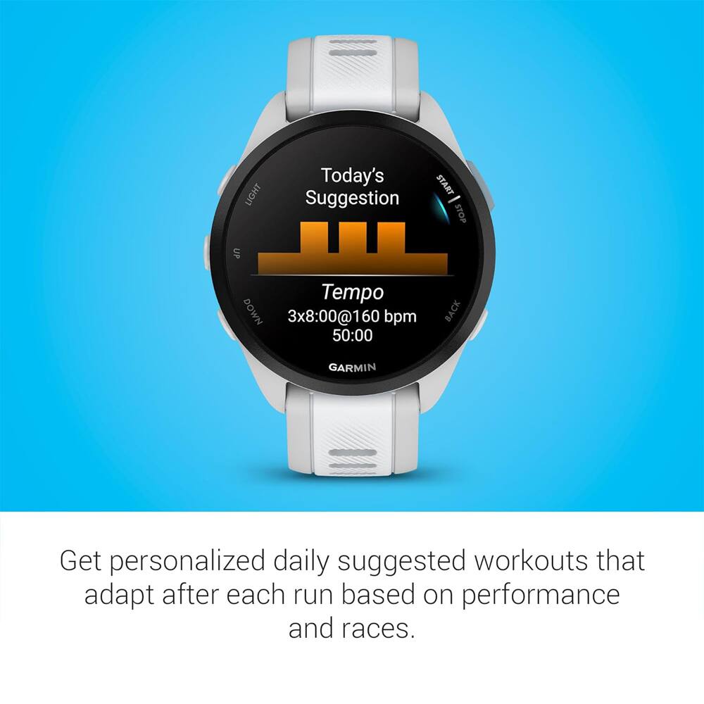 LIGHT  
Today's Suggestion  
START STOP UP  
Tempo DOWN  
3x8:00@160 bpm  
50:00  
BACK  
GARMIN  

Get personalized daily suggested workouts that adapt after each run based on performance and races.