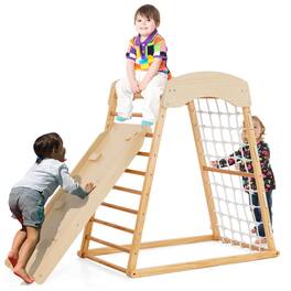 Costway - 6-in-1 Wood Jungle Gym Montessori Climbing Play Set with Double-sided Ramp - Natural