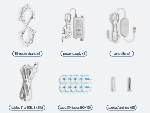 The text on the image is already grouped and correctly written. It lists the different items available, such as cables, power supply, controller, and extra tapes. The items are grouped by type, and the quantity of each item is provided.