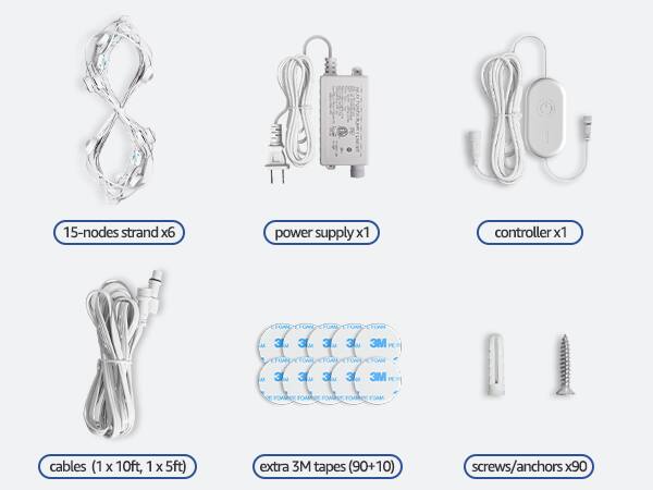 The text on the image is already grouped and correctly written. It lists the different items available, such as cables, power supply, controller, and extra tapes. The items are grouped by type, and the quantity of each item is provided.