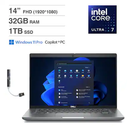 14" FHD (1920*1080)
32GB RAM
1TB SSD
Intel Core Ultra 7
Windows 11 Pro Copilot+PC
DELL
