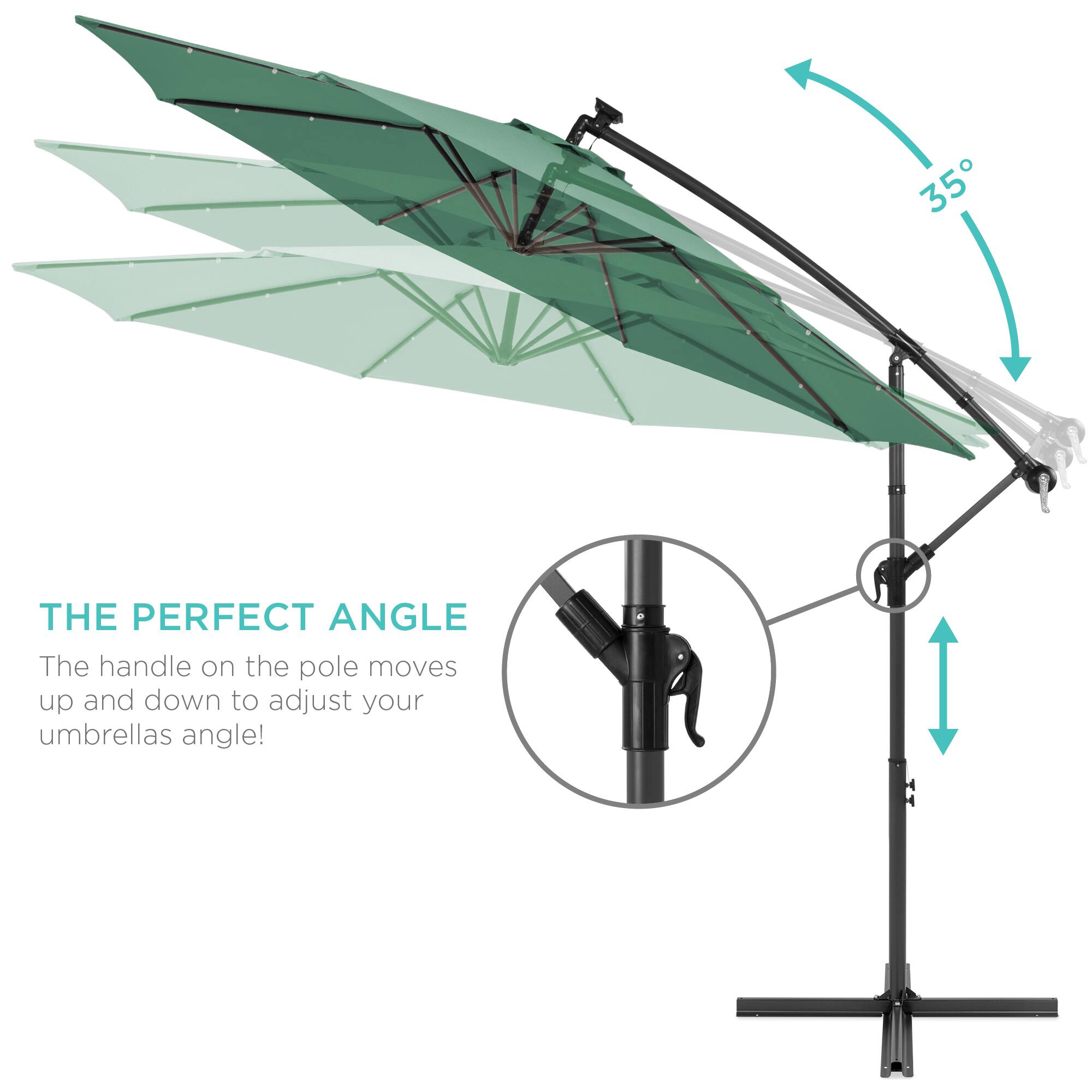 THE PERFECT ANGLE

The handle on the pole moves up and down to adjust your umbrella's angle!