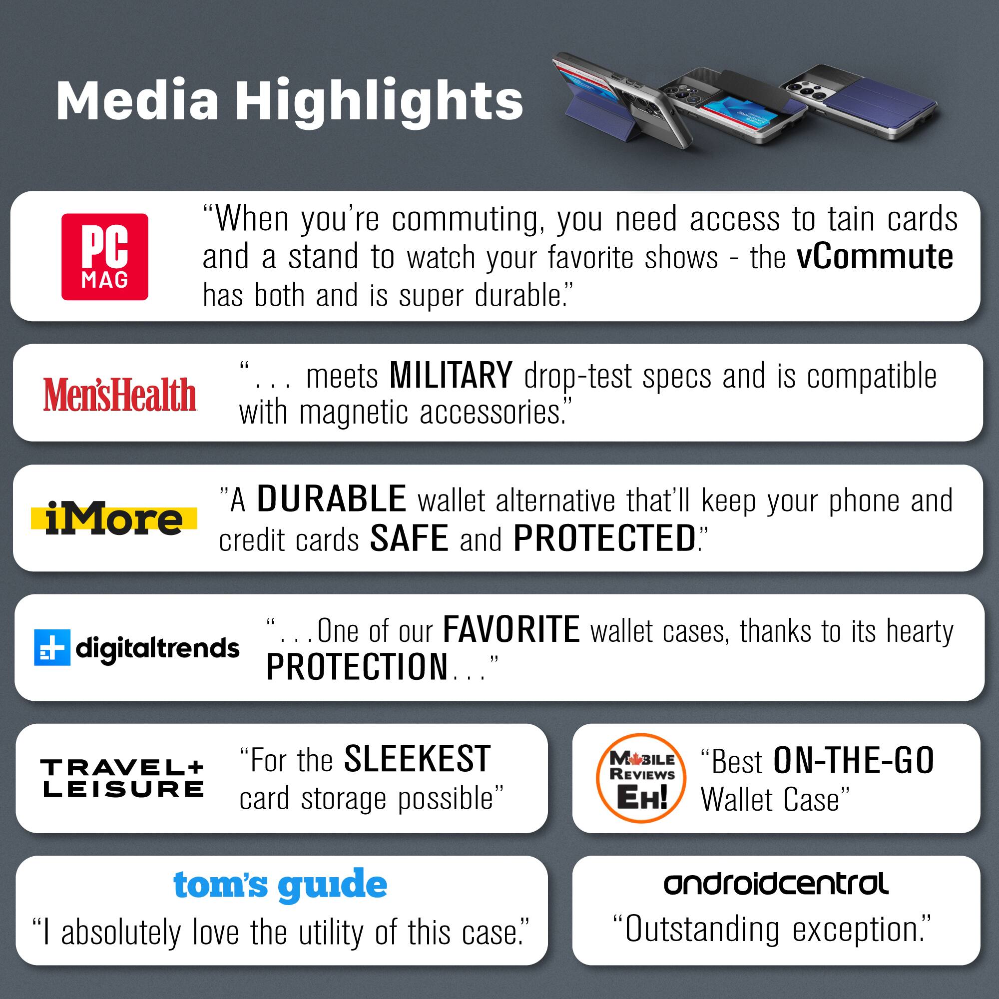 Media Highlights

PC MAG: "When you're commuting, you need access to train cards and a stand to watch your favorite shows - the vCommute has both and is super durable."

Men's Health: "... meets MILITARY drop-test specs and is compatible with magnetic accessories."

iMore: "A DURABLE wallet alternative that'll keep your phone and credit cards SAFE and PROTECTED."

digitaltrends: "... One of our FAVORITE wallet cases, thanks to its hearty PROTECTION..."

TRAVEL+ LEISURE: "For the SLEEKEST LEISURE card storage possible"

tom's guide: "I absolutely love the utility of this case."

MobilEh!: "Best ON-THE-GO Wallet Case"

androidcentral: "Outstanding exception."