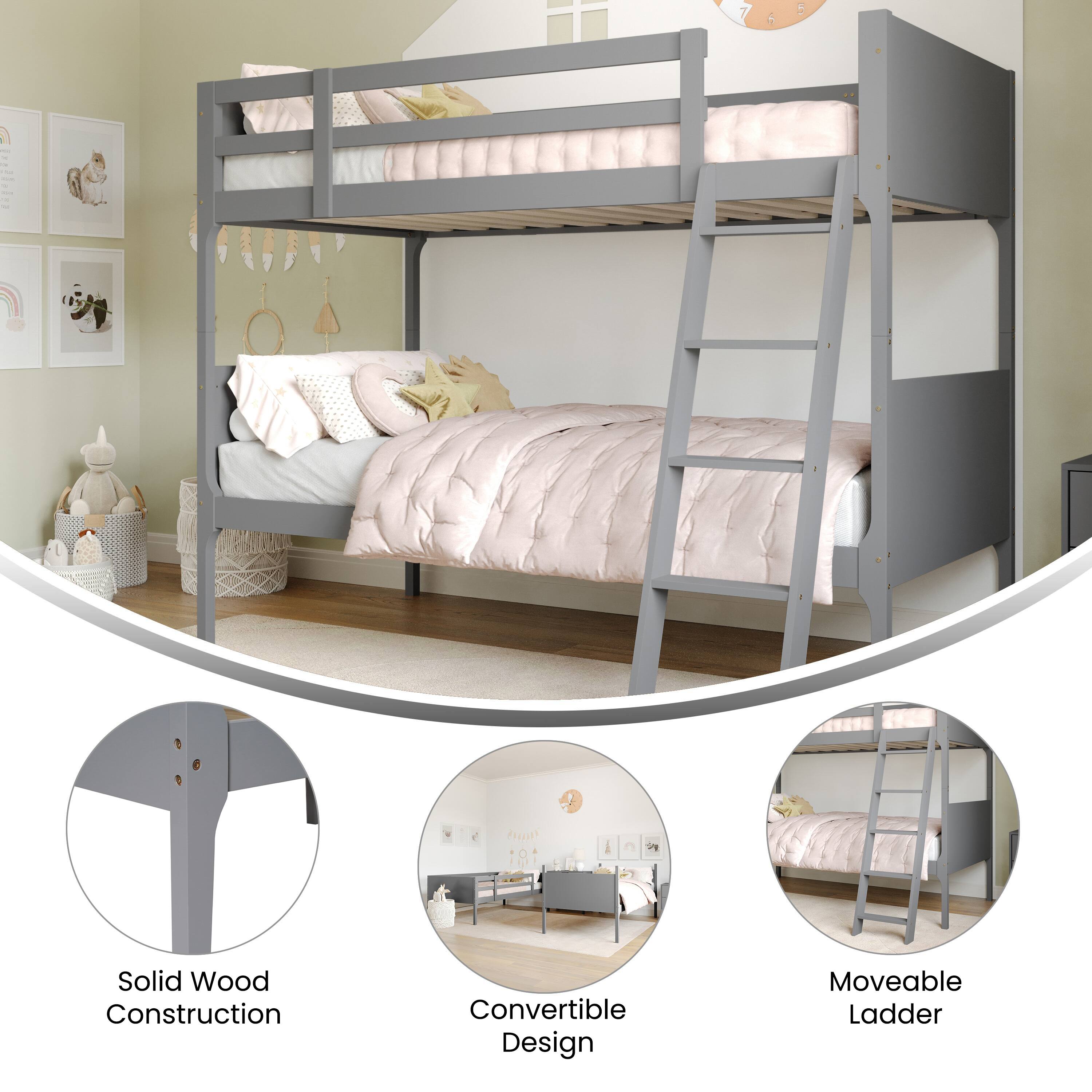 - Solid Wood Construction
- Convertible Design
- Moveable Ladder