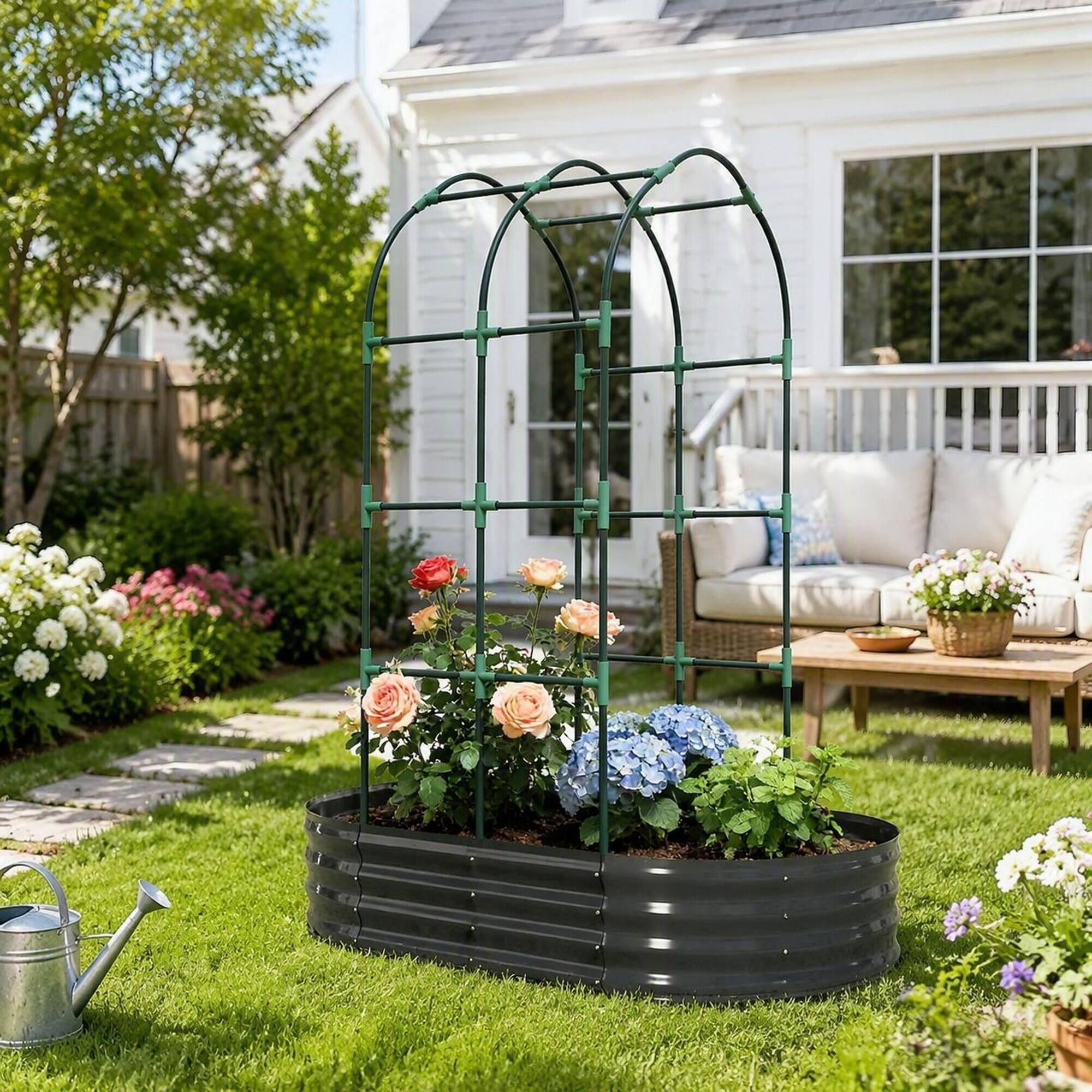 Alt View 1. RYHNUYNE - Raised Garden Bed with Arch Trellis, 112 Gallon Galvanized Metal Planter Box, Dark Gray Modular Oval or Round - Dark Gray.