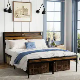 LUCKY ONE - Queen Size Bed Frame with Storage Headboard, LED Lights, USB Charging Station, Metal Slats, No Box Spring Needed - Antique brown