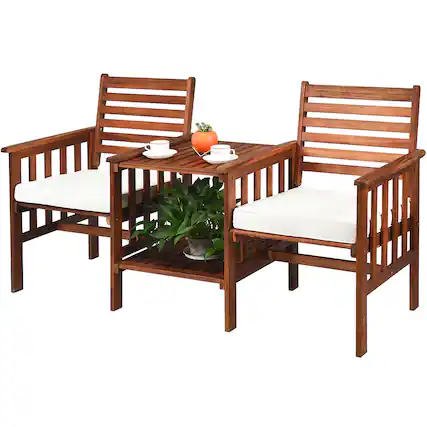 Front. Costway - Costway Patio Loveseat Conversation Set Acacia Wood Chair Coffee Table Cushioned White - White.