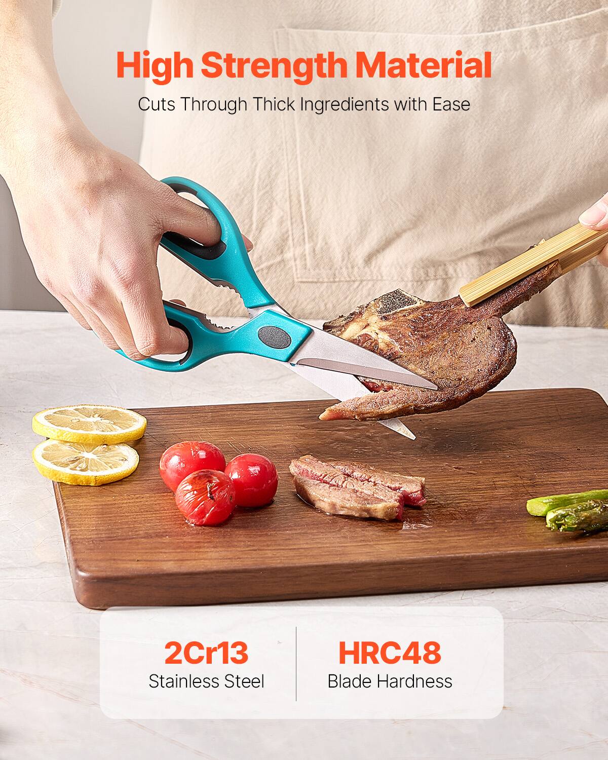 High Strength Material  
Cuts Through Thick Ingredients with Ease  

2Cr13 Stainless Steel  
HRC48 Blade Hardness