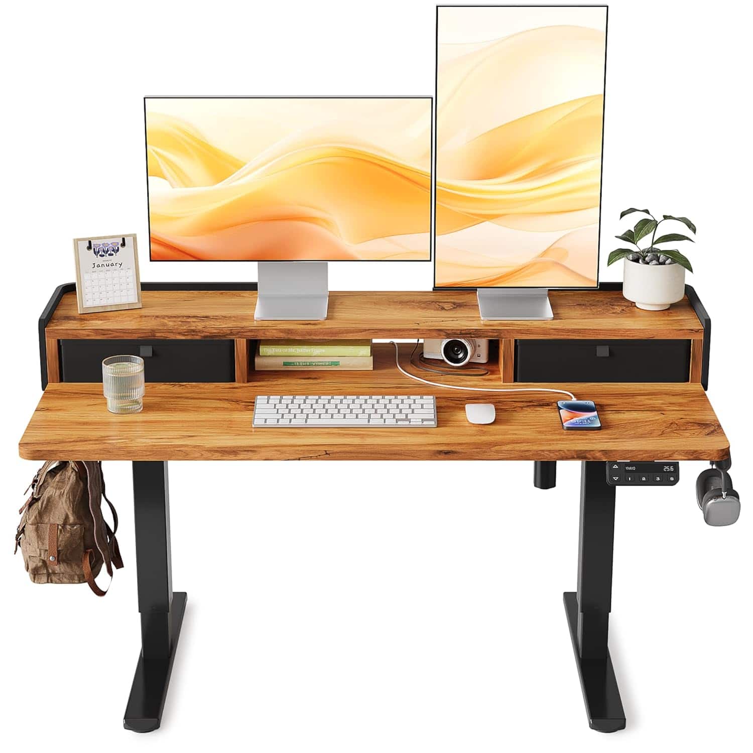 Zell Electronics - 48 Inchx24 Inch Rustic Brown Low-Height Electric DeskAdjustable Sit-Stand with Drawers & Shelf - Black Frame/Rustic Brown Top